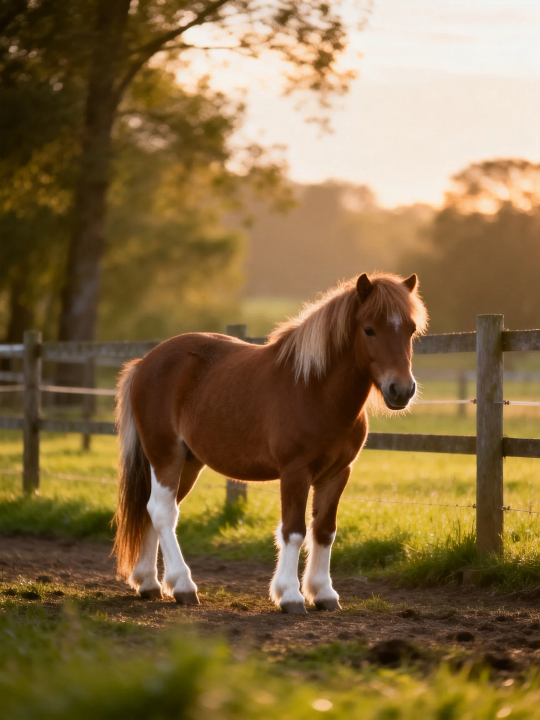 A chestnut pony with white legs stands by a wooden fence in golden-hour light