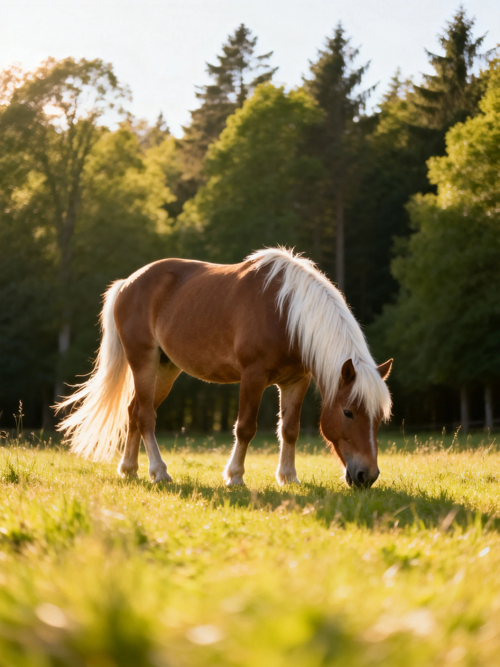 A chestnut pony with white mane grazing in a sunlit meadow near tall trees
