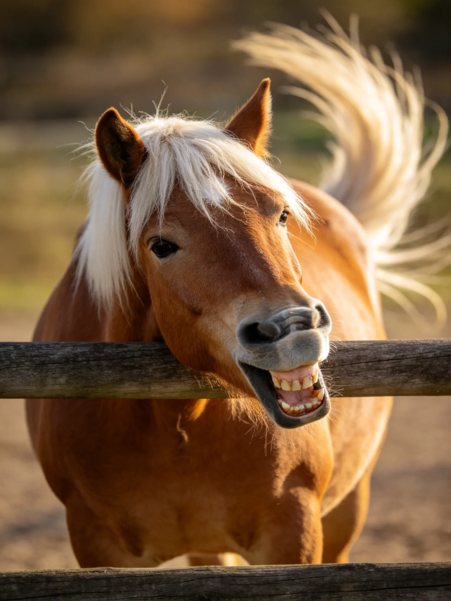 A chestnut pony with white mane leans over a weathered wooden fence
