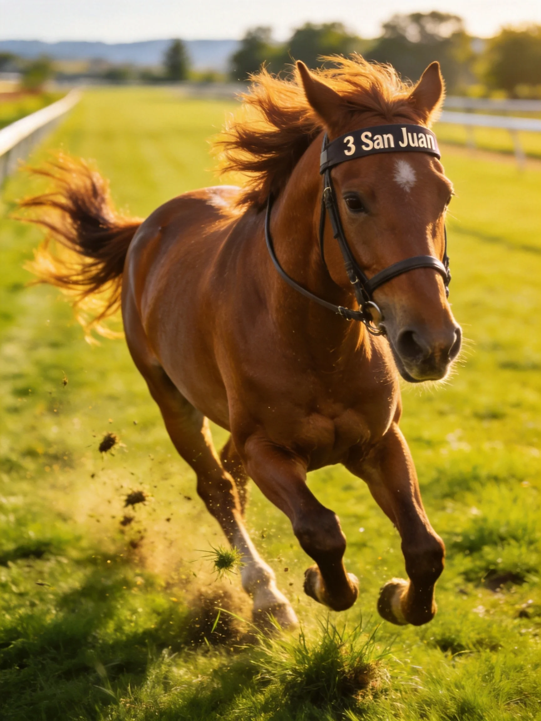 A chestnut racehorse gallops energetically on a sunlit green racetrack.