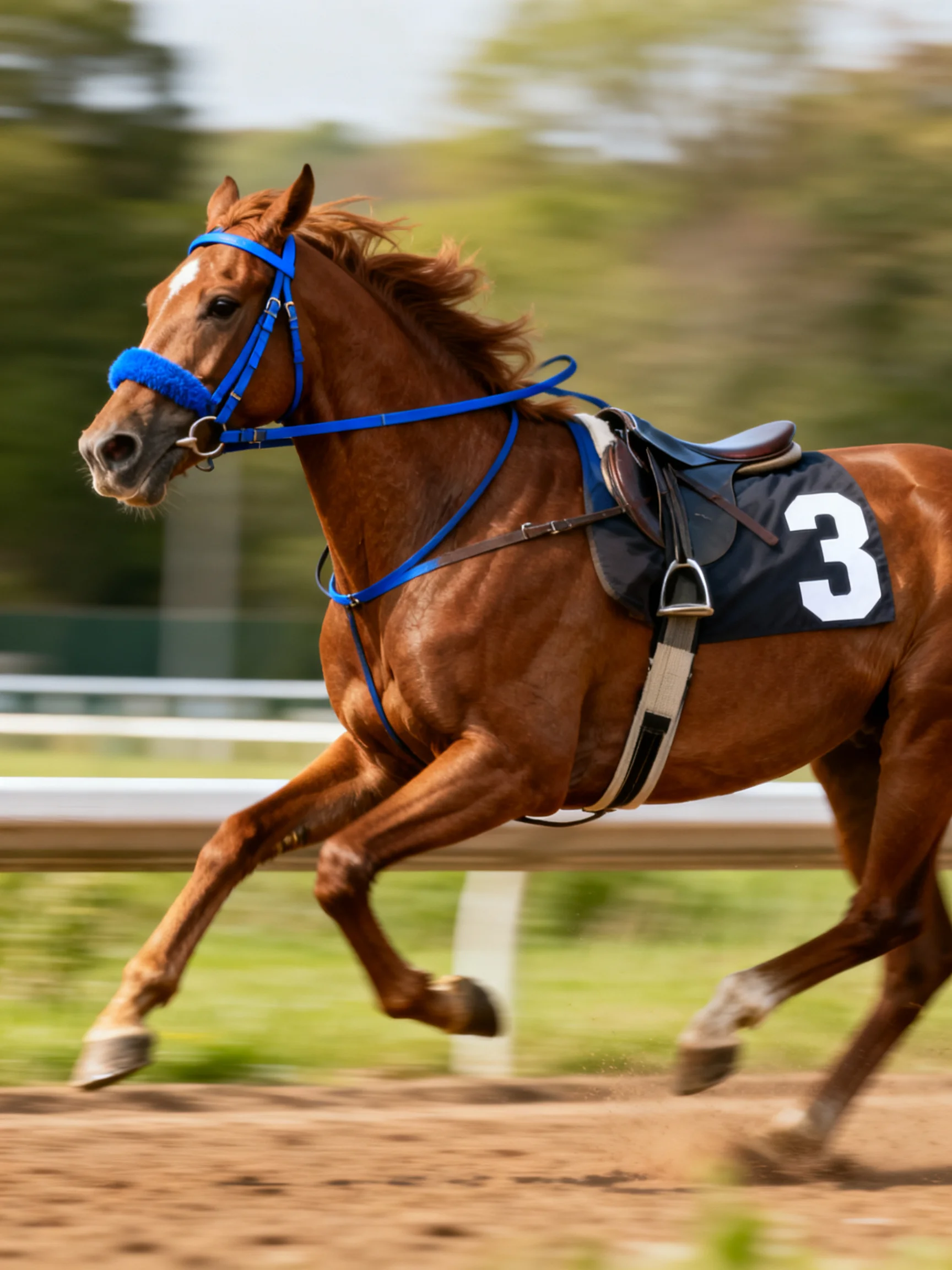 A chestnut racehorse with blue tack speeds along a dirt racetrack