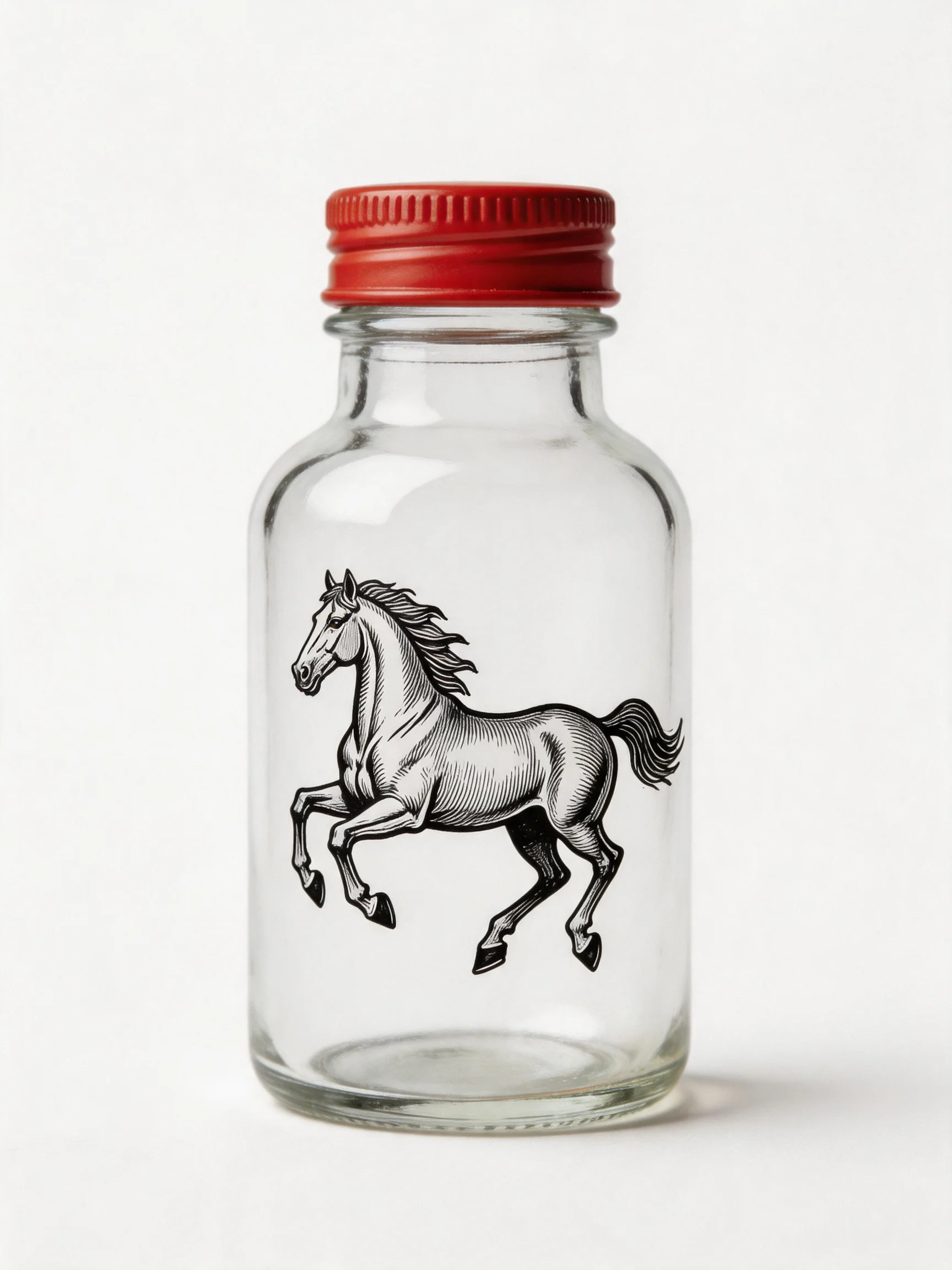 A clear glass bottle with a red cap and black horse illustration
