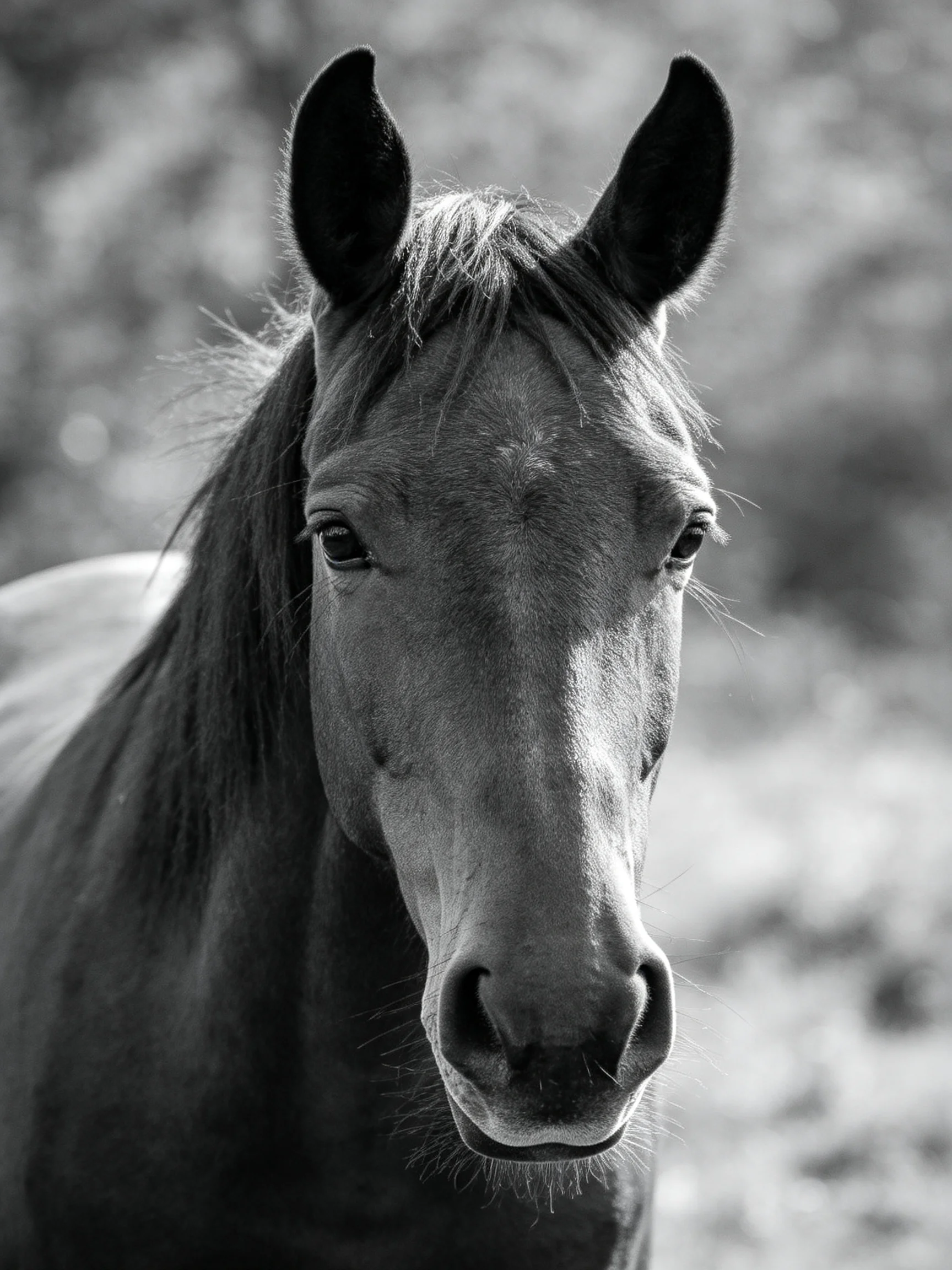 A close - up black - and - white portrait of a horse