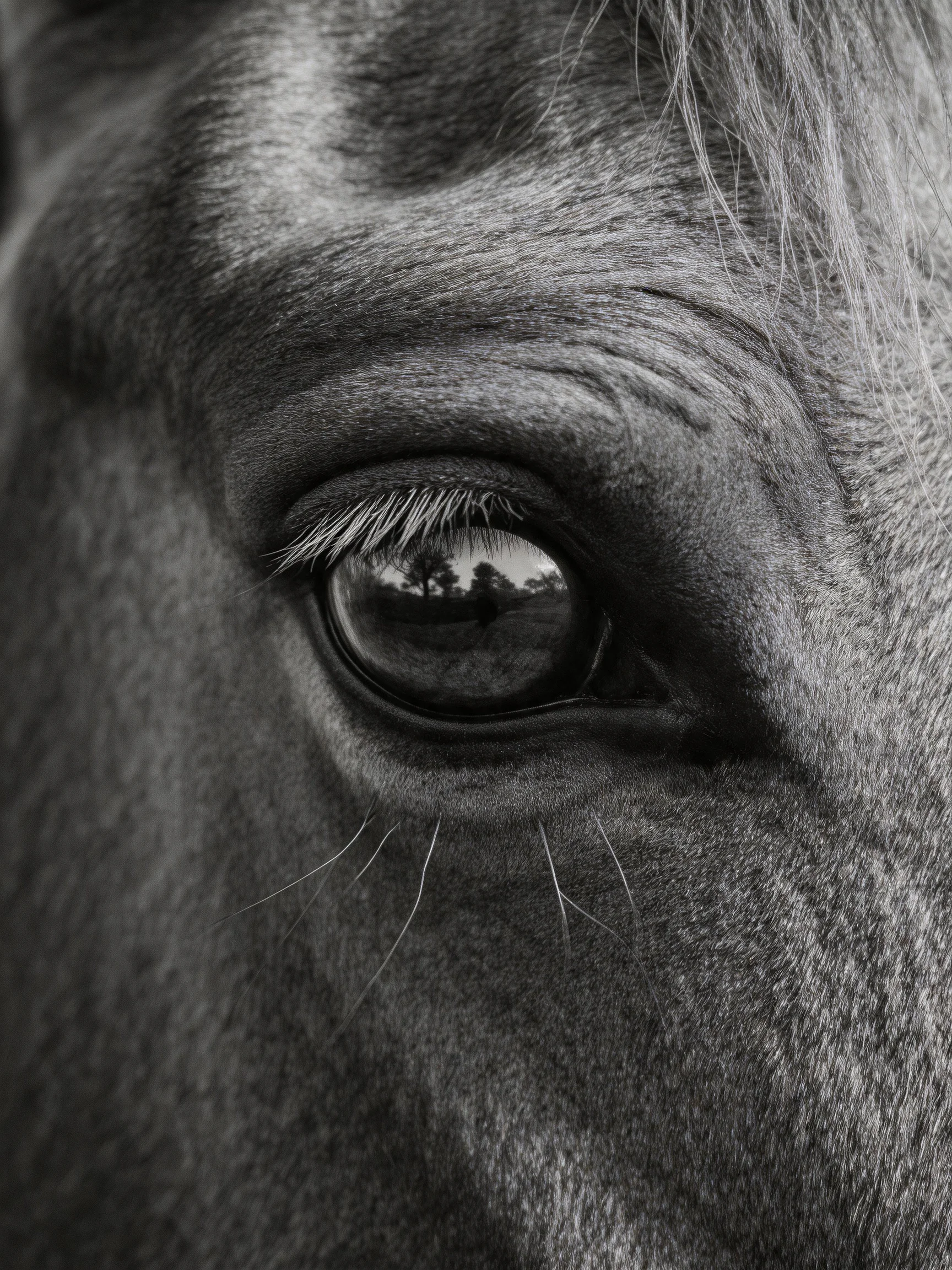 A close - up black - and - white view of a horse’s textured eye