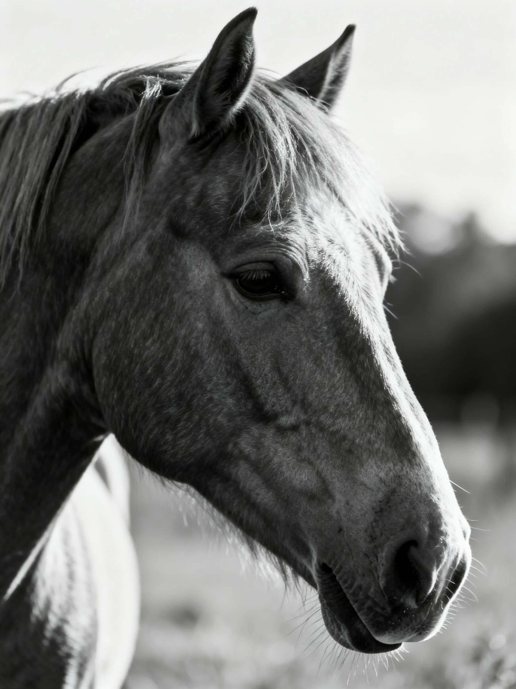 A close - up black and white portrait of a calm horse with textured coat