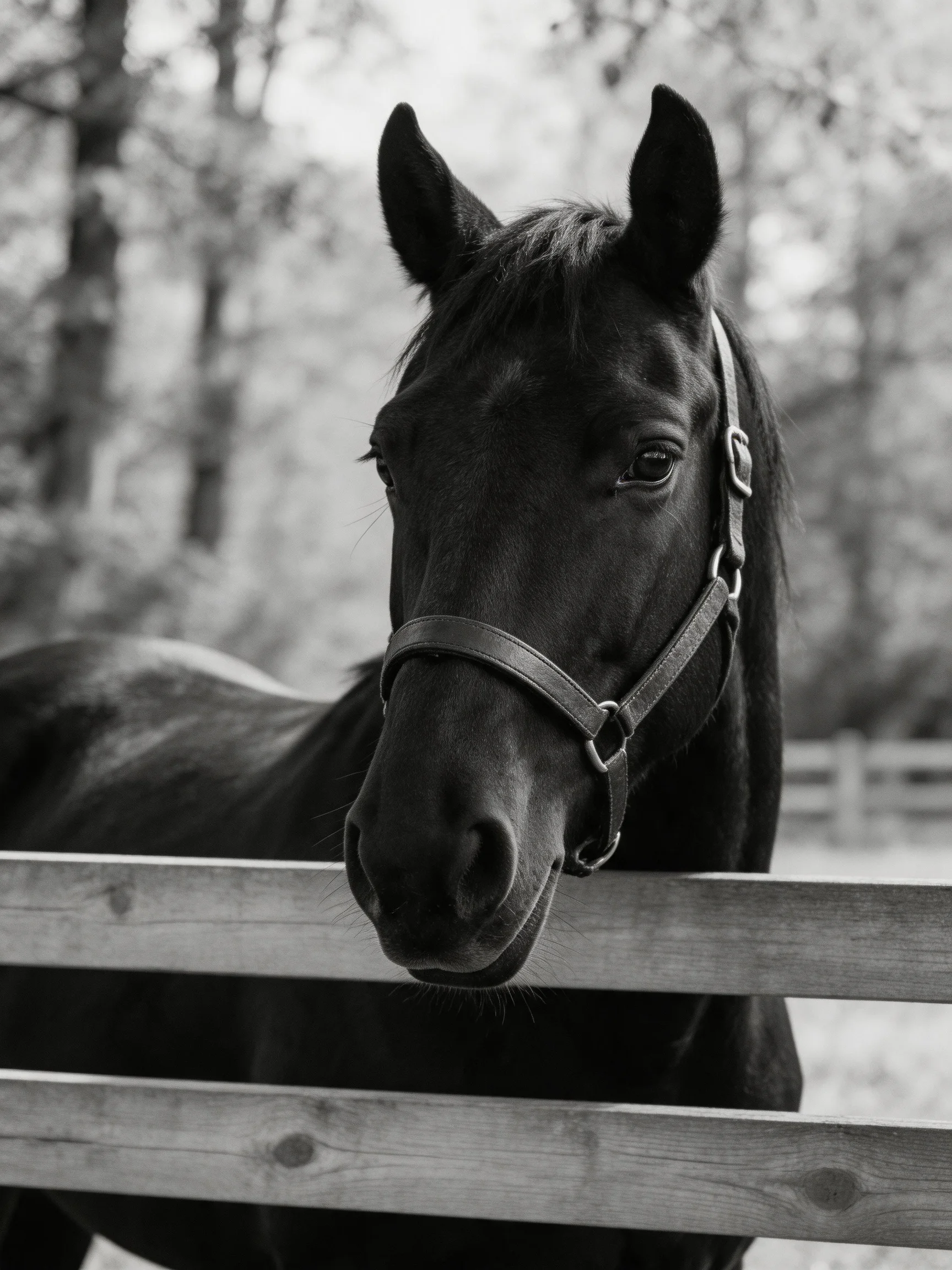 A close - up of a black horse behind wooden fence slats