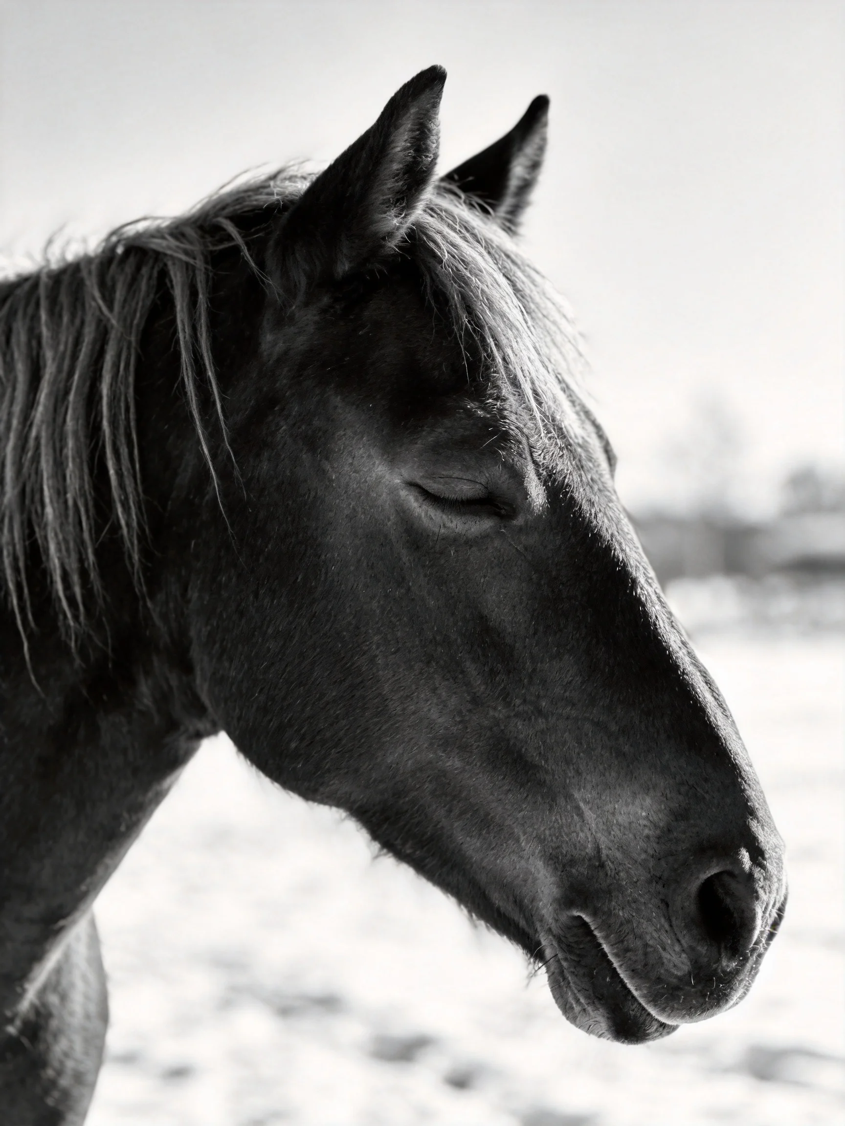 A close - up of a black horse with closed eyes in a snowy field