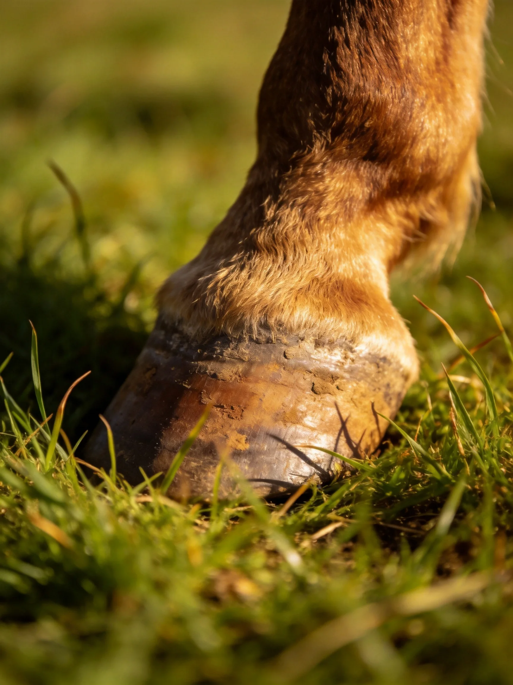 A close - up of a brown horse hoof in lush green grass