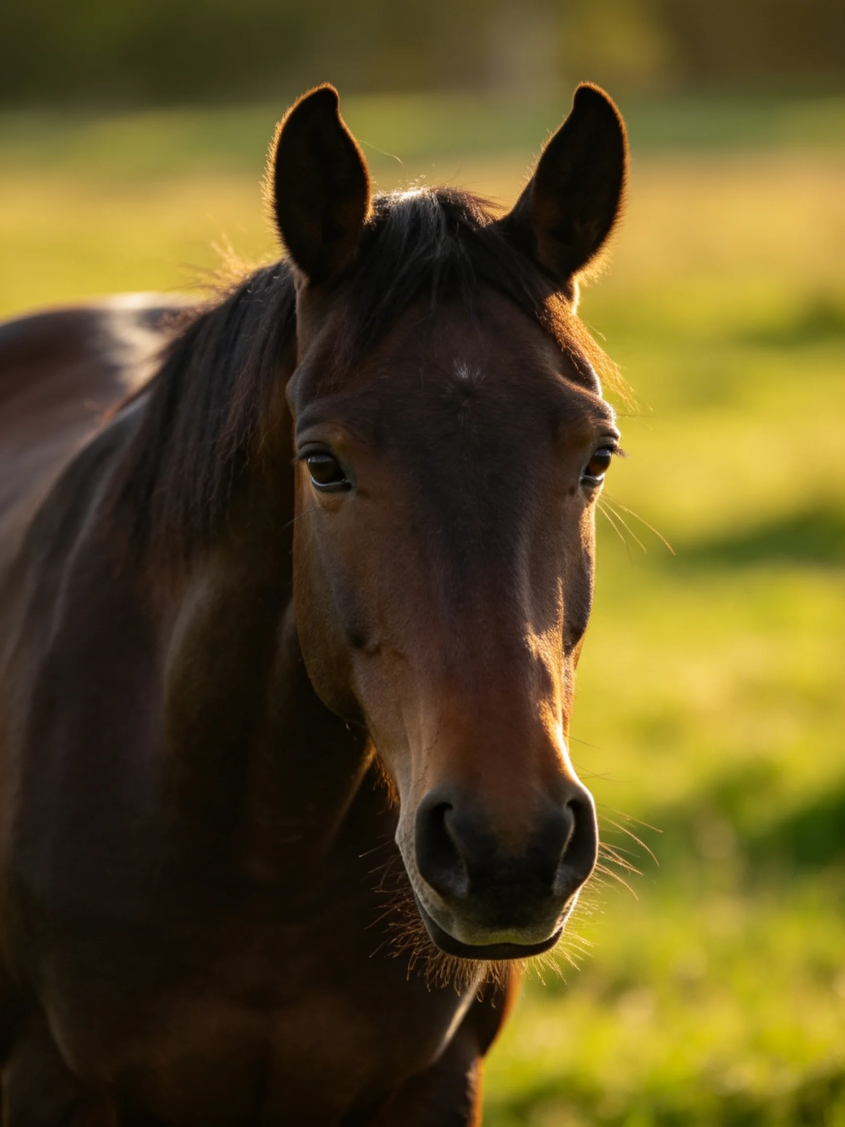 A brown horse is sharply focused with a blurred green meadow behind.
