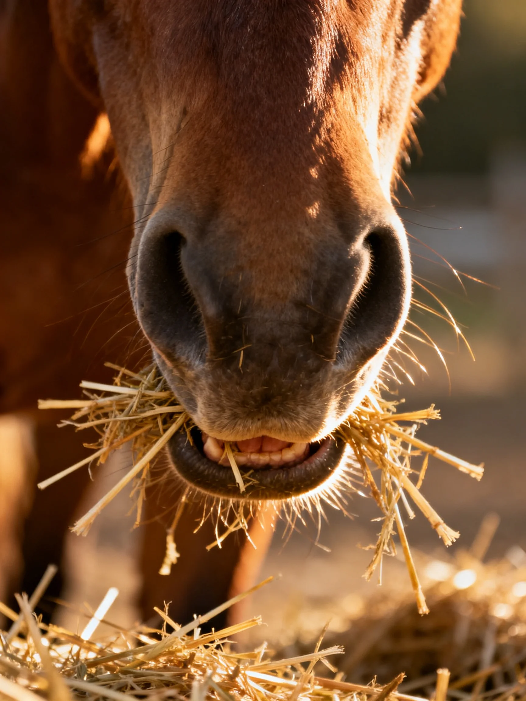 A close - up of a brown horse munching golden straw outdoors