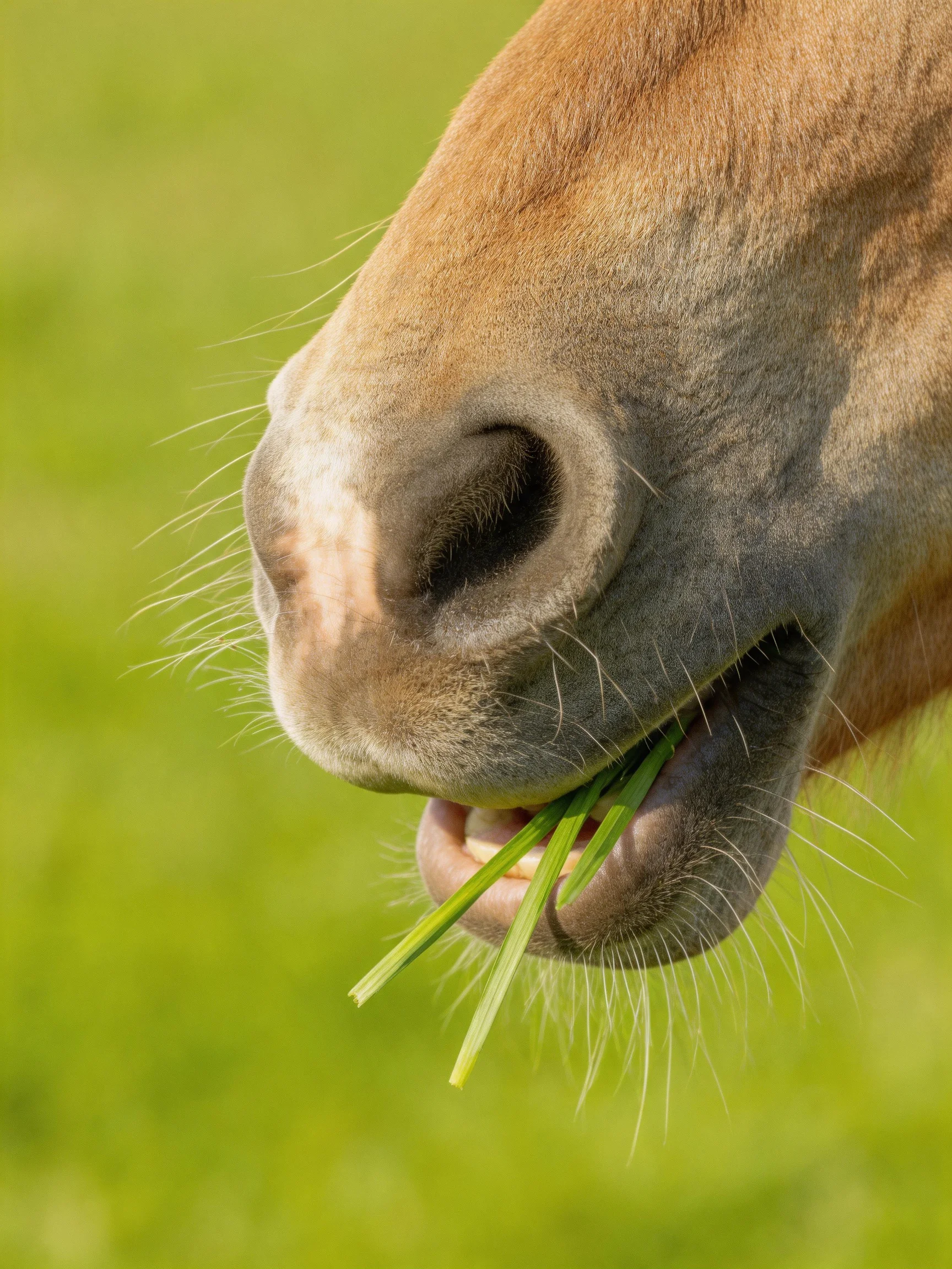A close - up of a brown horse nibbling fresh green grass blades
