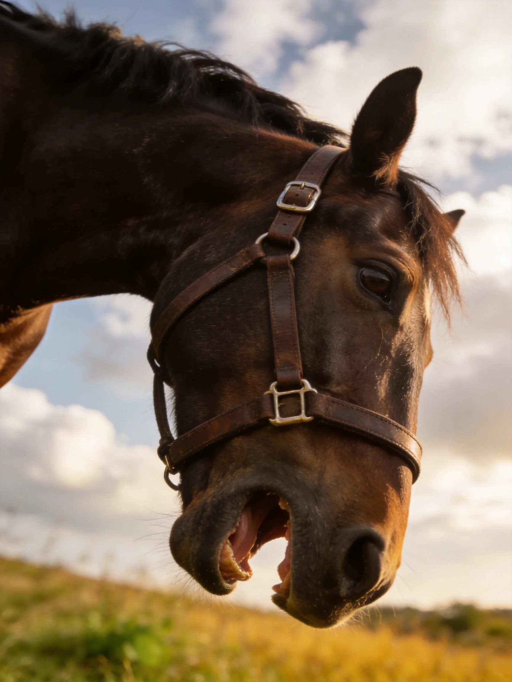 A close - up of a brown horse wearing a leather bridle against a cloudy sky