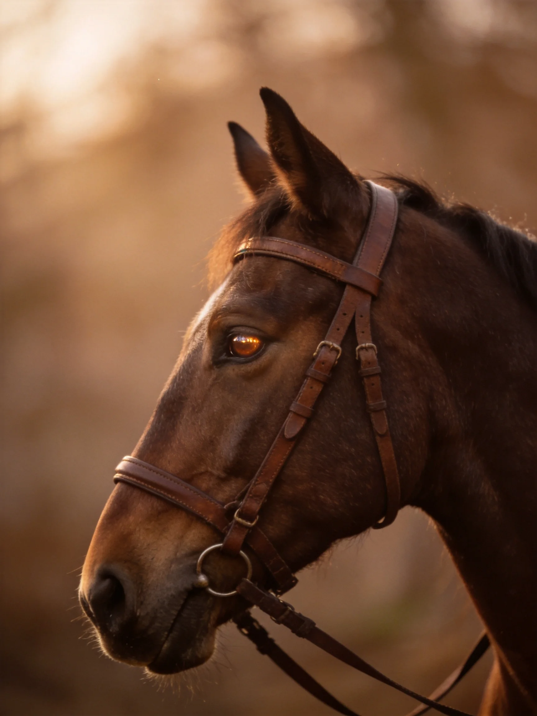 A close - up of a brown horse wearing a leather bridle in golden light