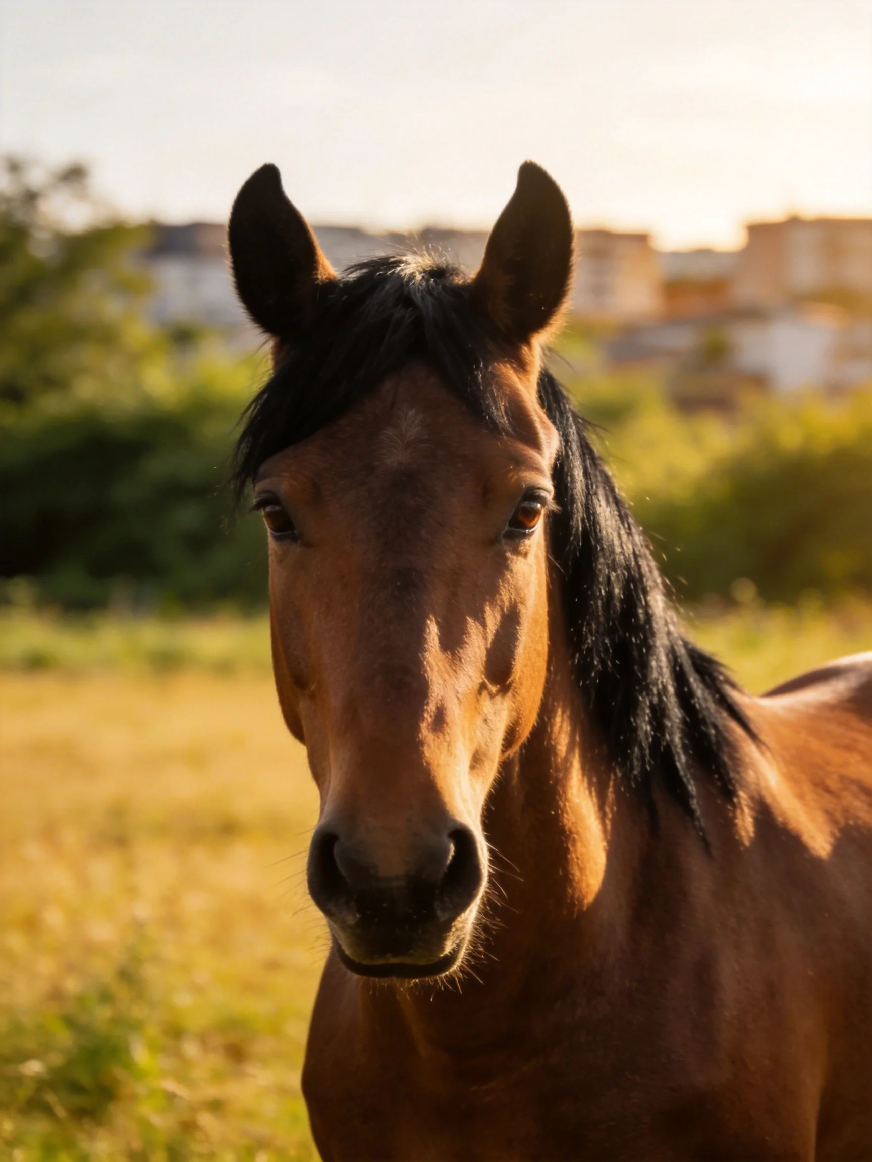 A brown horse with a black mane stands in a sunlit field with distant buildings.
