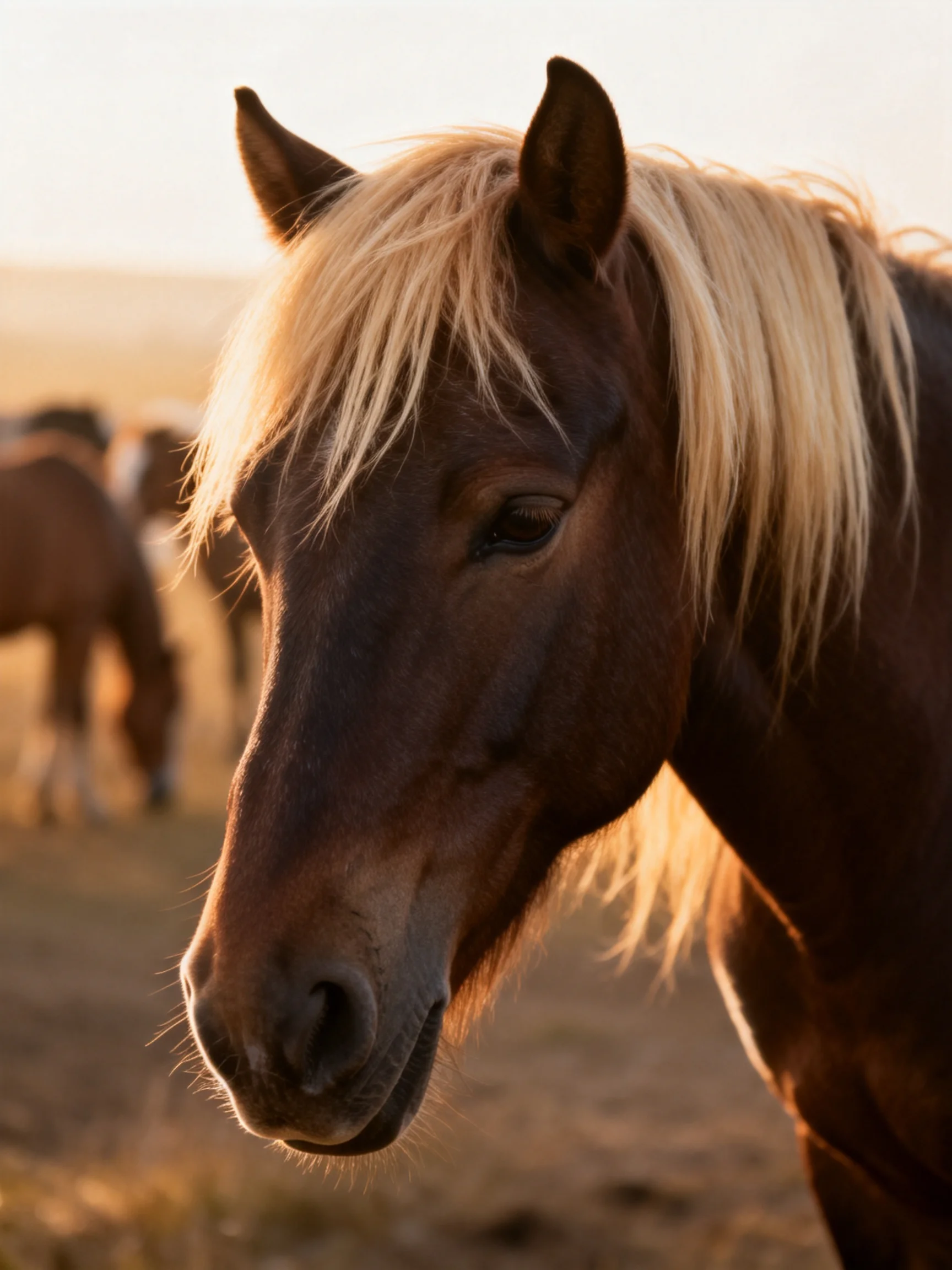 A close - up of a brown horse with a blonde mane in a golden field