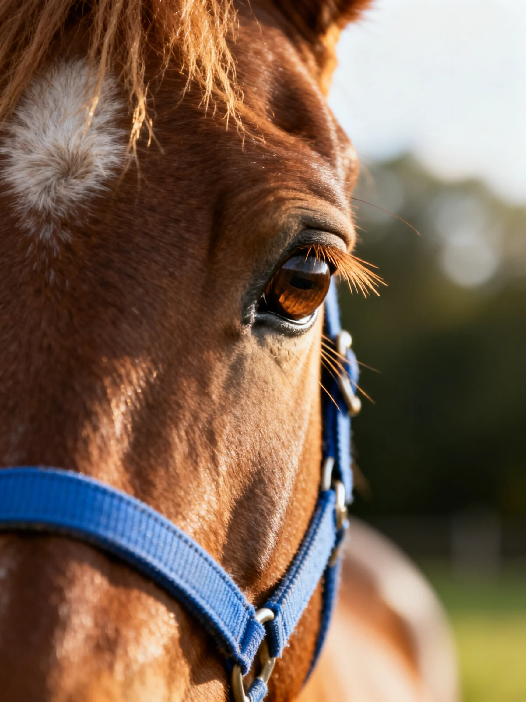 A close - up reveals a brown horse’s face and eye with a blue halter.