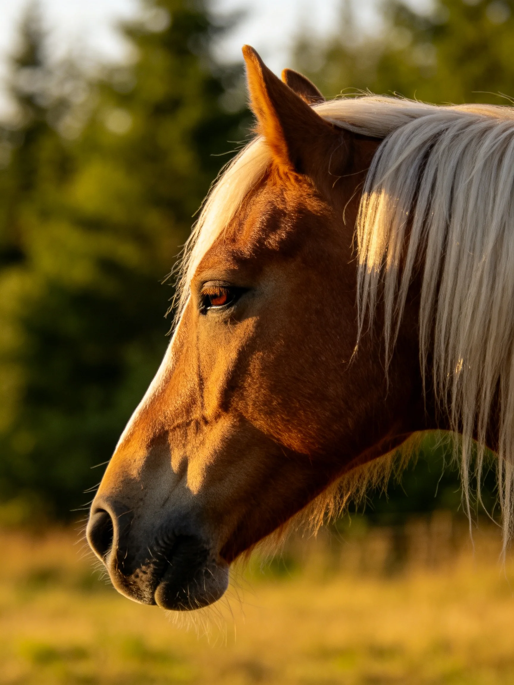 A close - up of a brown horse with a long white mane in a sunlit field