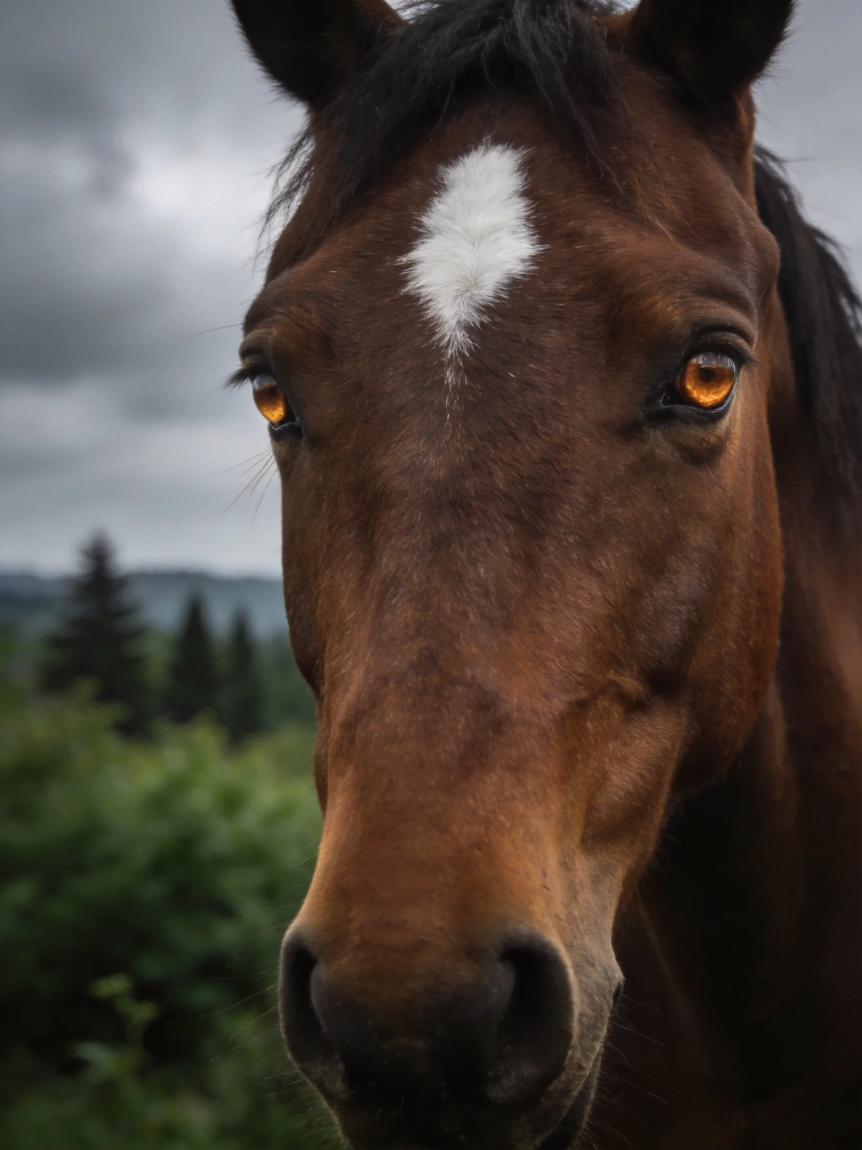 A close - up of a brown horse with a prominent white forehead marking