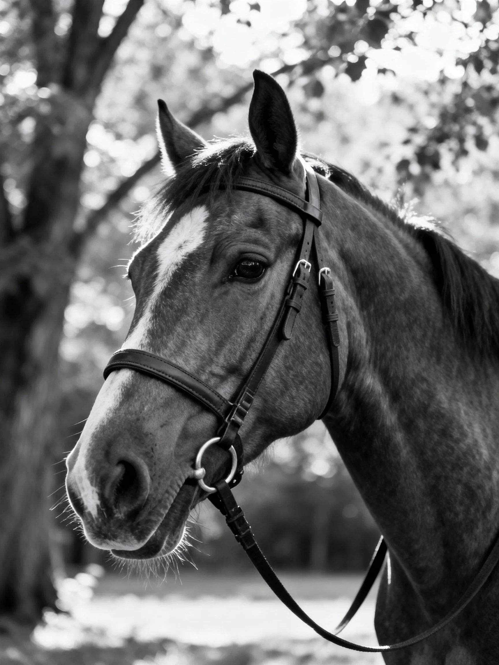 A brown horse with a white blaze and bridle is shown in a wooded area.