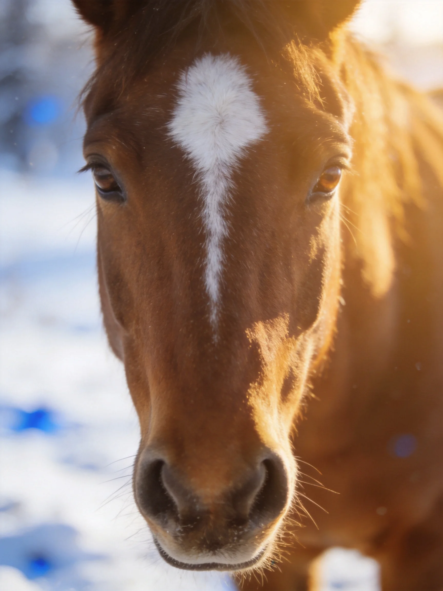 A brown horse with a prominent facial marking stands in a snowy landscape.
