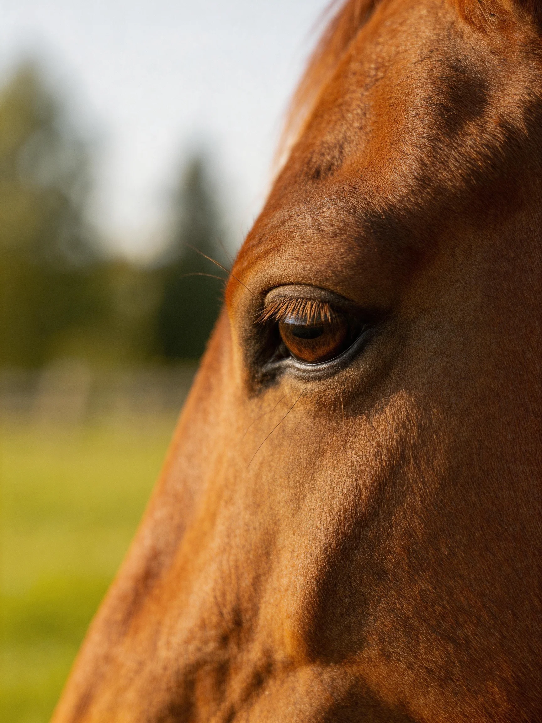 A close - up of a brown horse’s eye with a blurred natural background