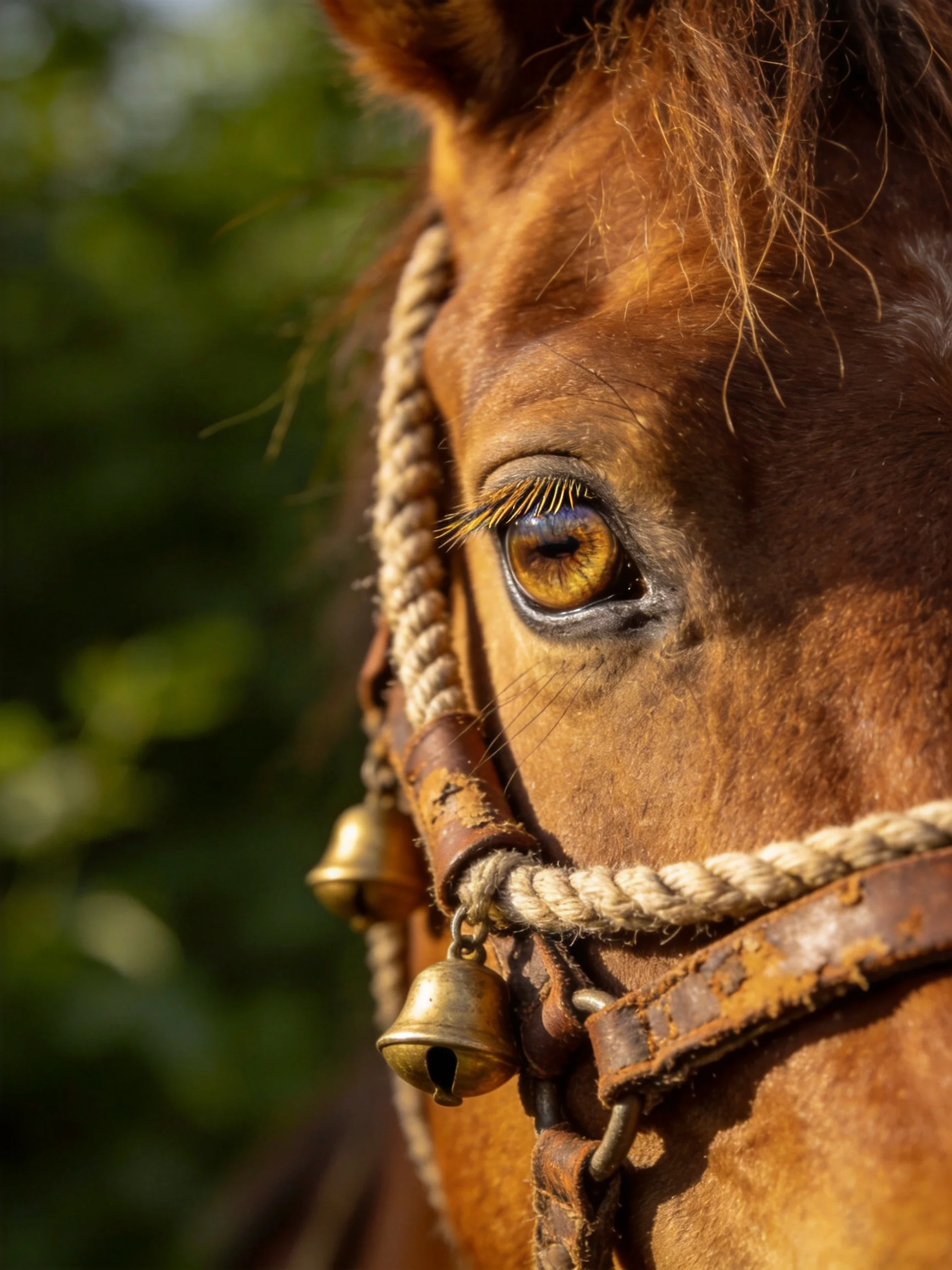 A close - up of a brown horse’s eye with brass bells and braided rope