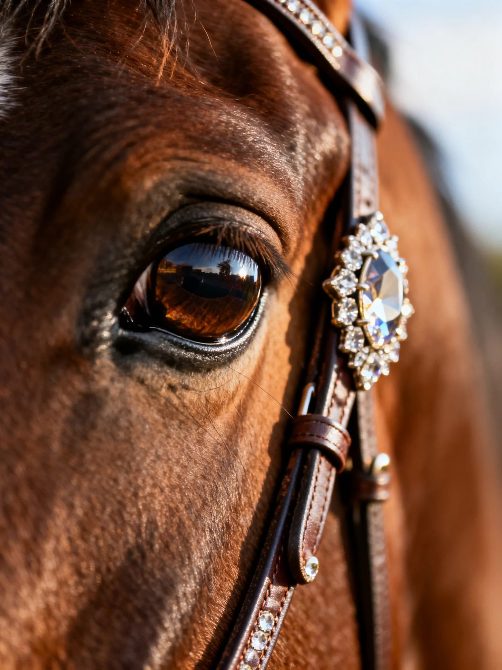 A close - up of a brown horse’s eye with ornate bridle details