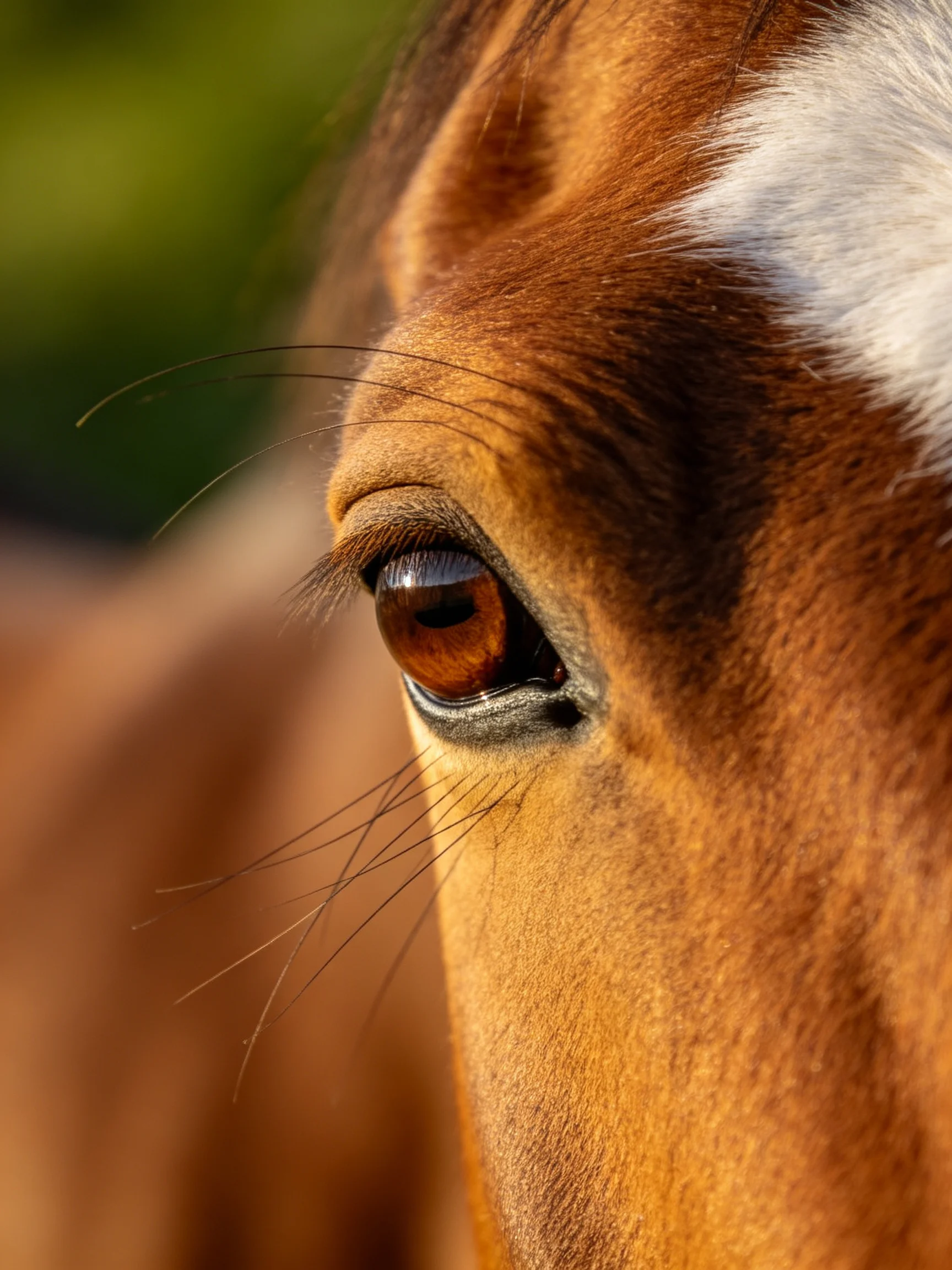 A close - up shows a brown horse’s eye with white markings.
