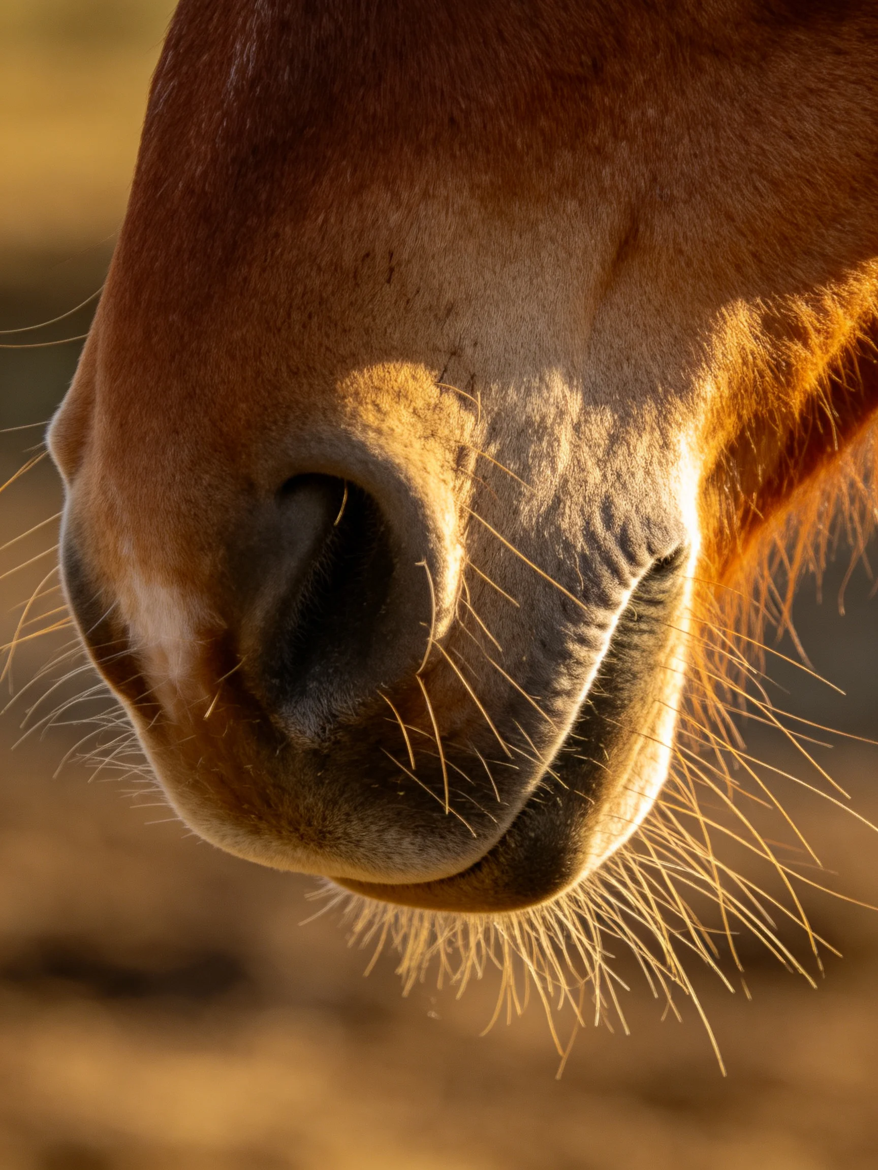 A close - up of a brown horse’s nose highlighted by warm light