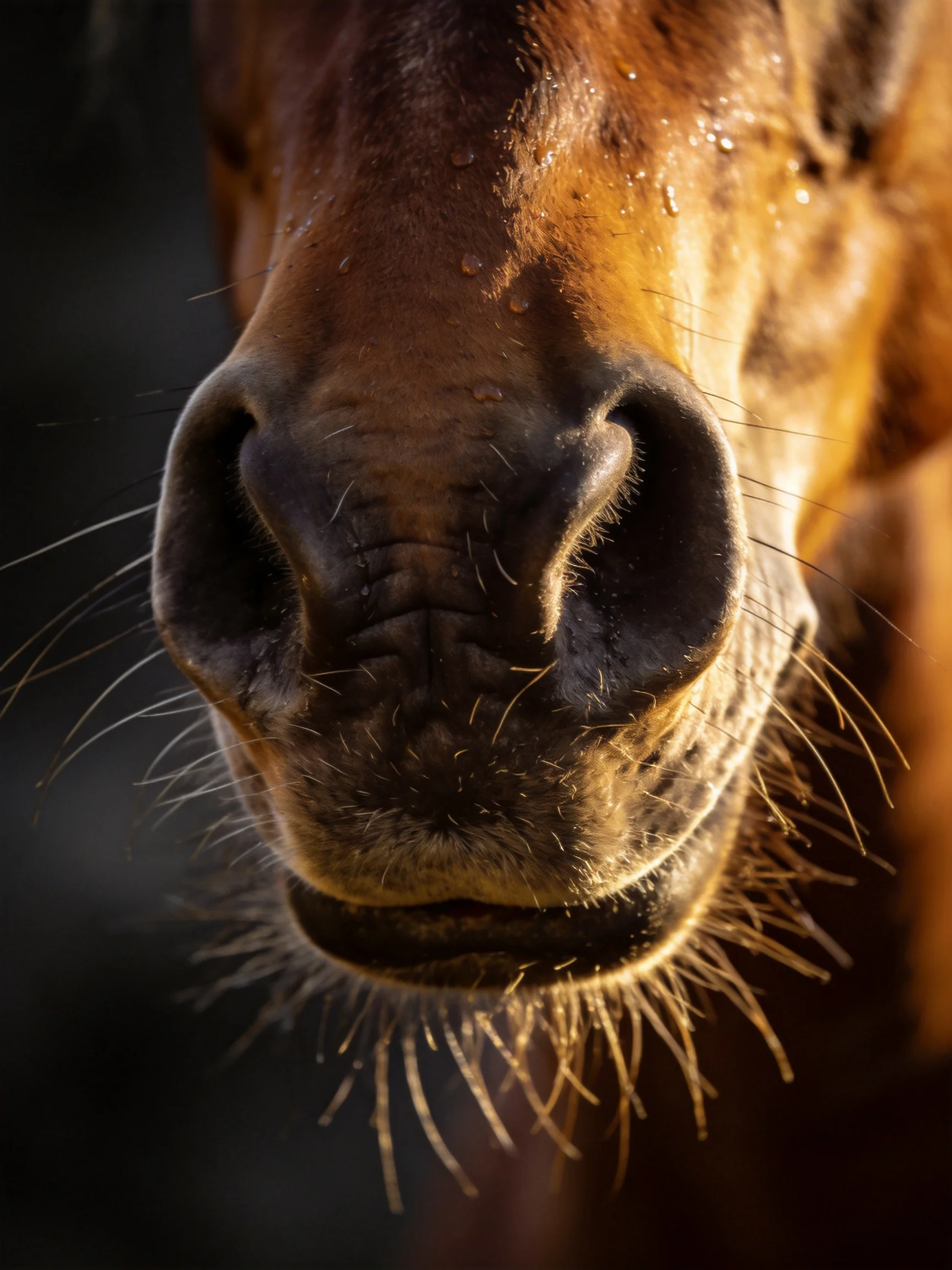 A close - up of a brown horse’s nose with water droplets and warm lighting