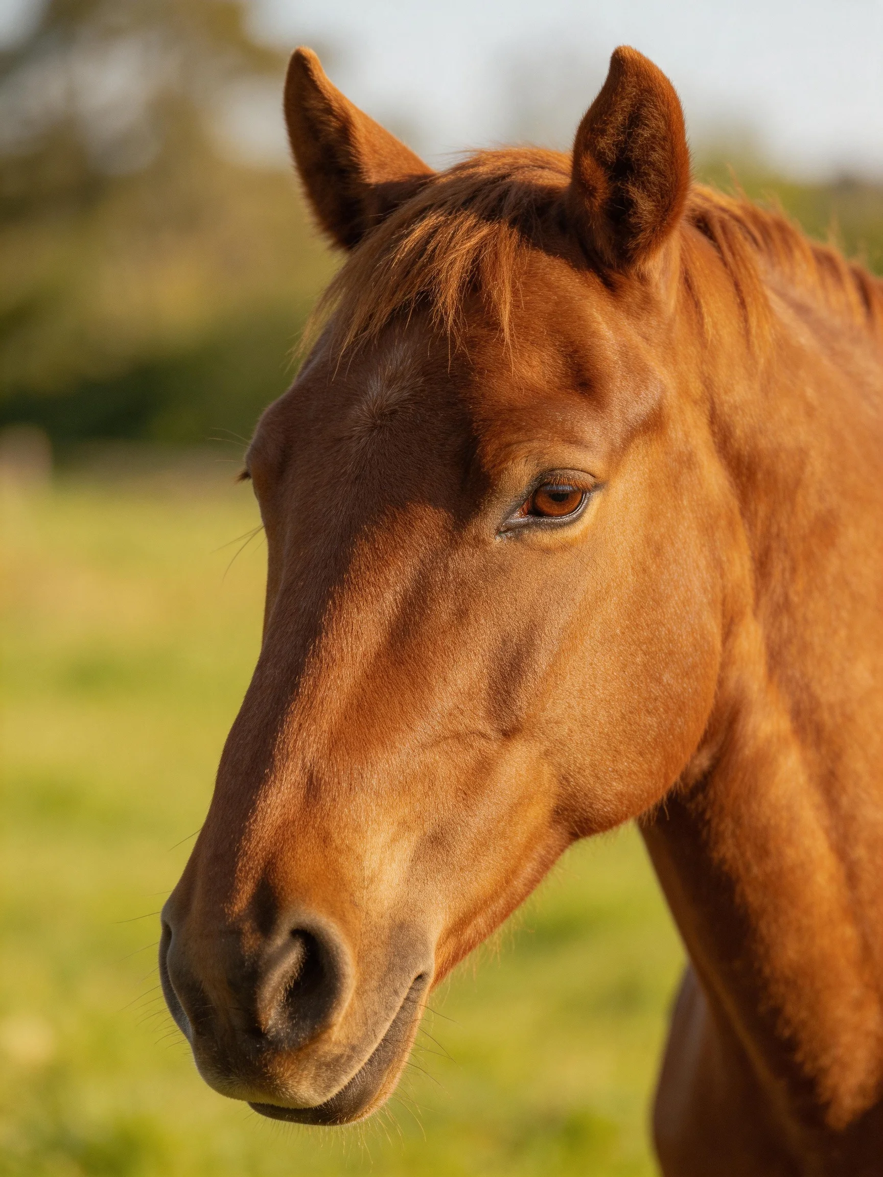 A chestnut horsestands in a sunlit open field.