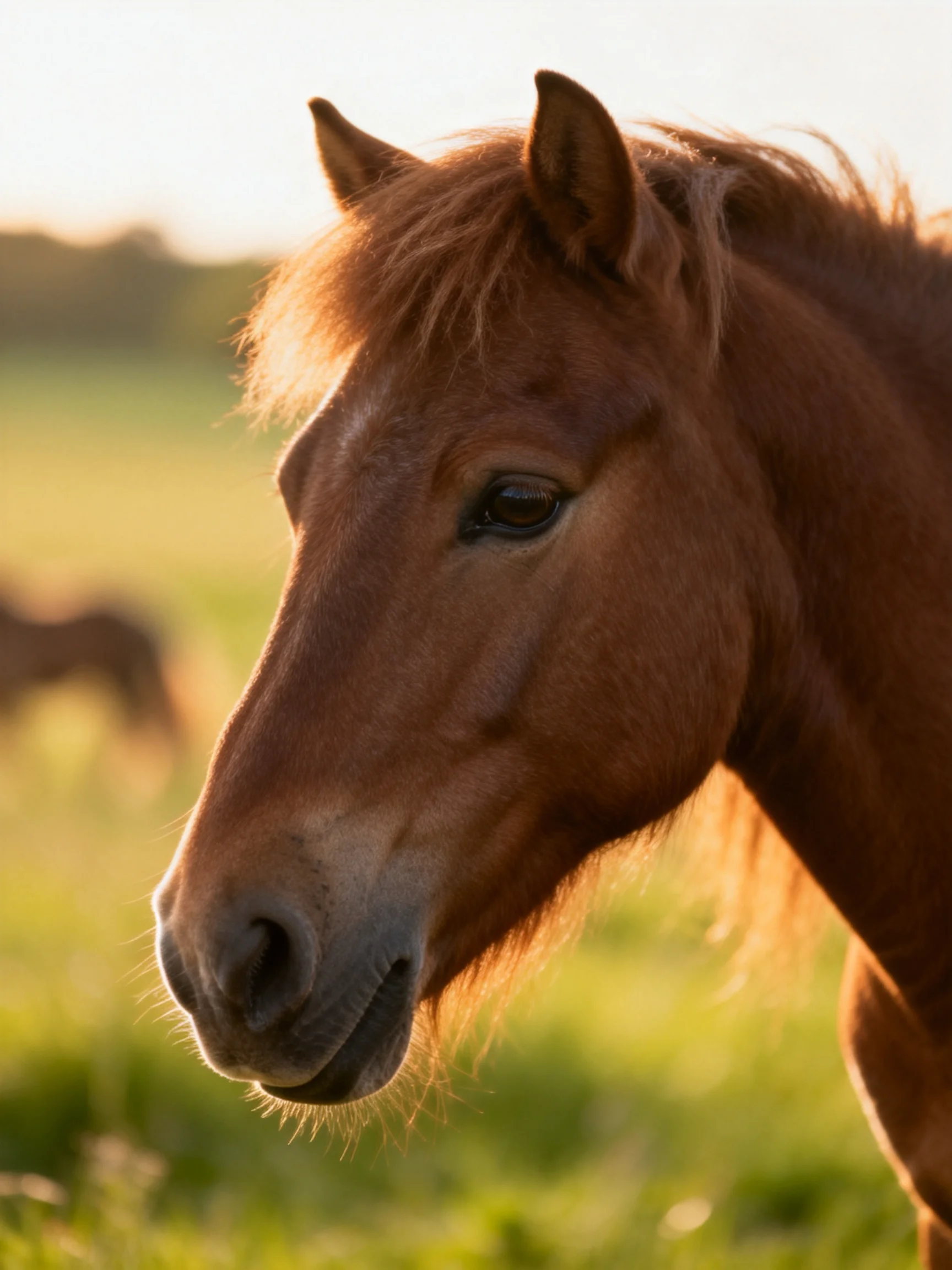 A chestnut horse is prominently displayed in a sunlit meadow with another horse in the distance.