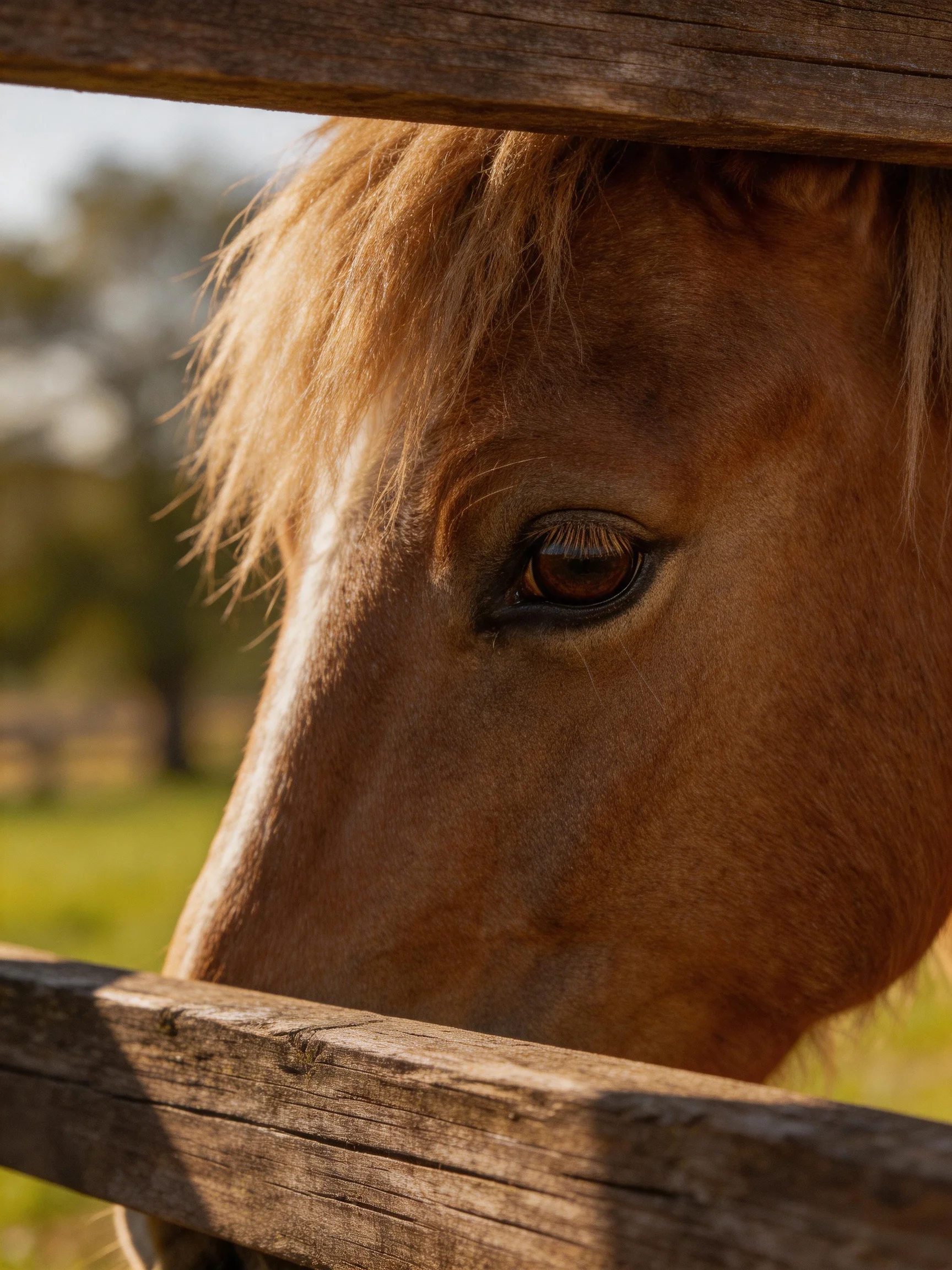 A close - up of a chestnut horse peering through a weathered wooden fence