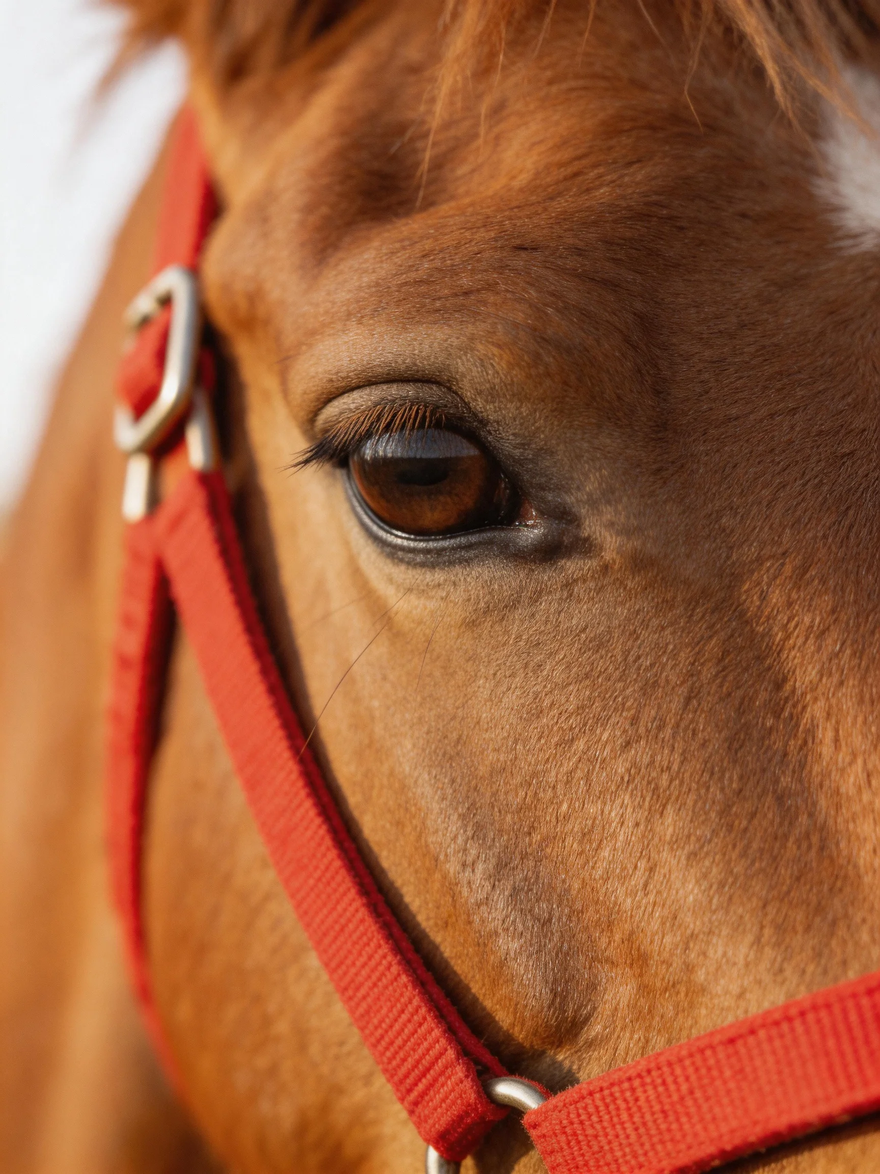 A close - up of a chestnut horse wearing a bright red halter