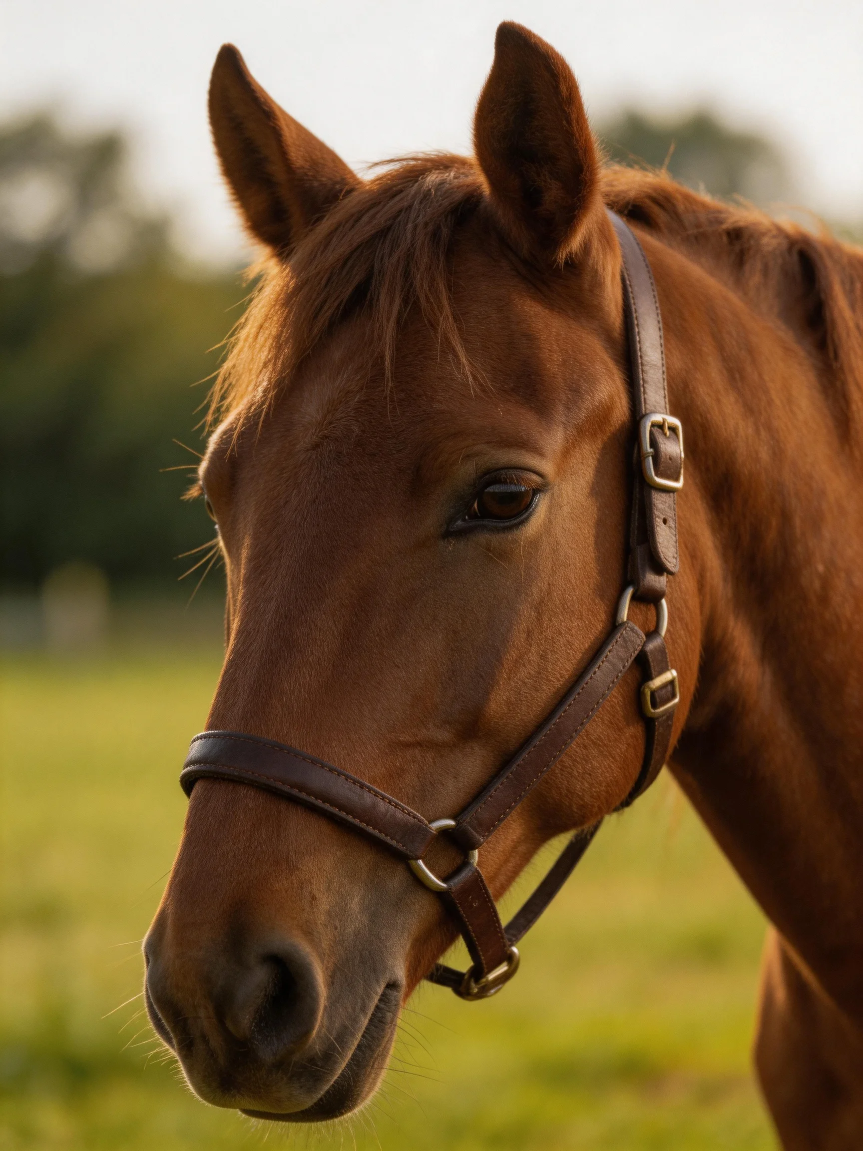 A close - up of a chestnut horse wearing a dark brown bridle