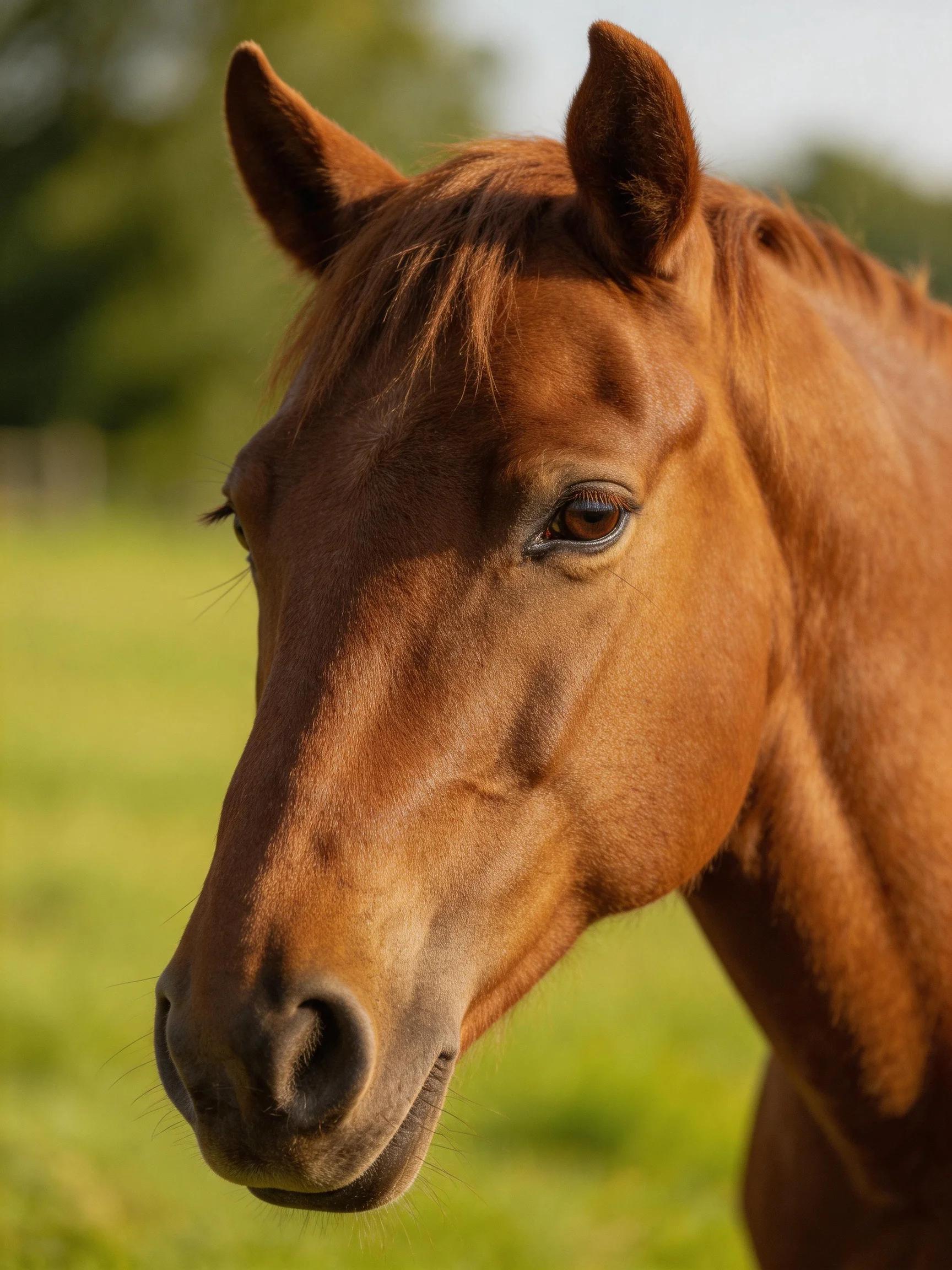 A close - up shows a chestnut horse with a blurred green field behind.
