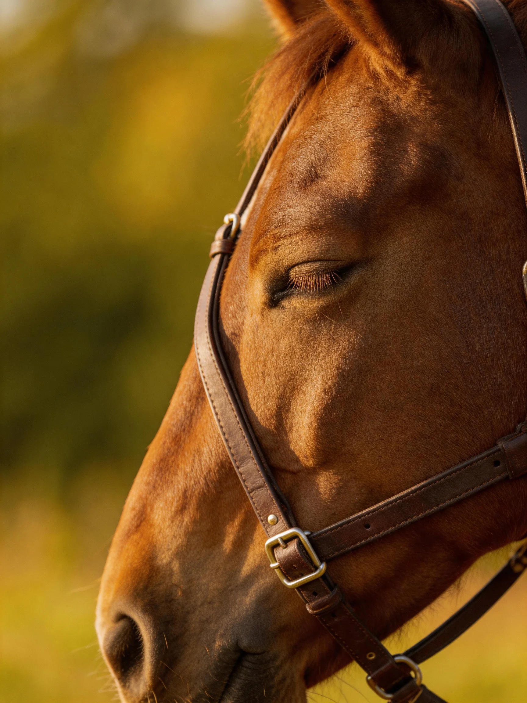 A chestnut horse with closed eyes wears a brown bridle in golden light.