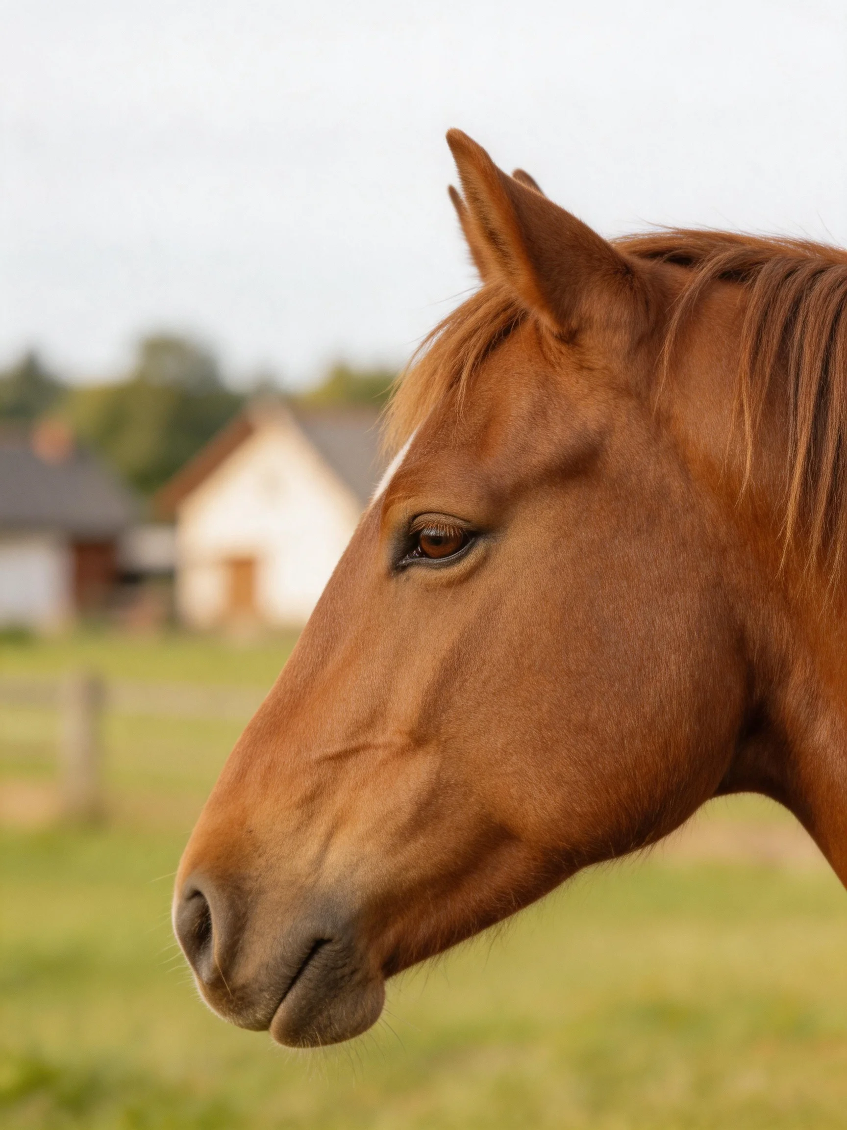 A chestnut horse stands in front of blurred farm buildings in a rural area.