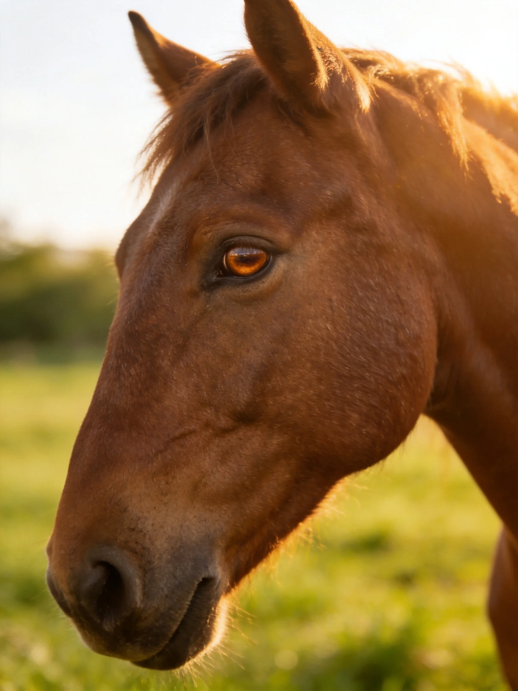 A close - up of a chestnut horse with amber eyes in a sunlit meadow