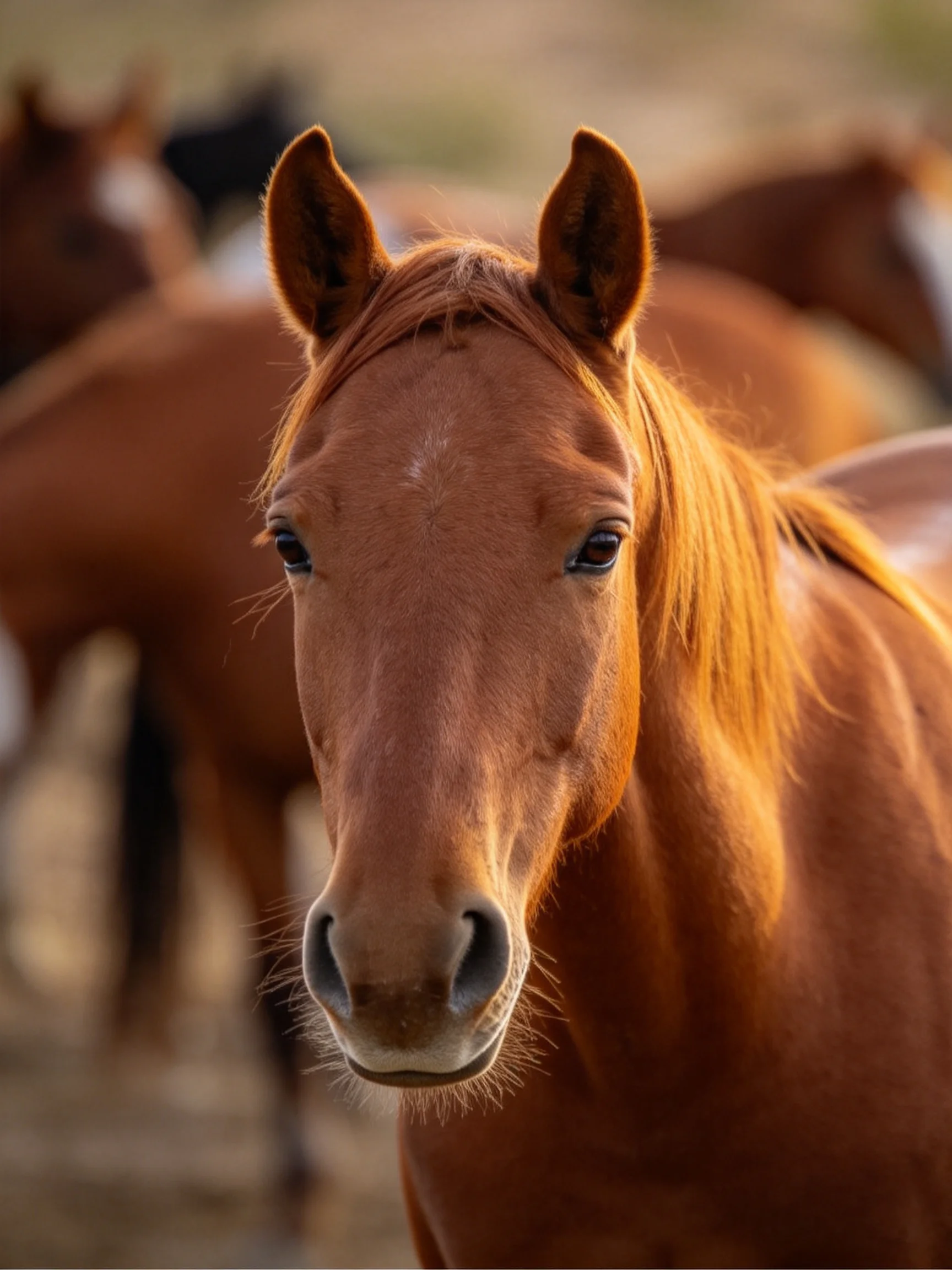 A chestnut horse stands out among other horses in a softly lit environment.