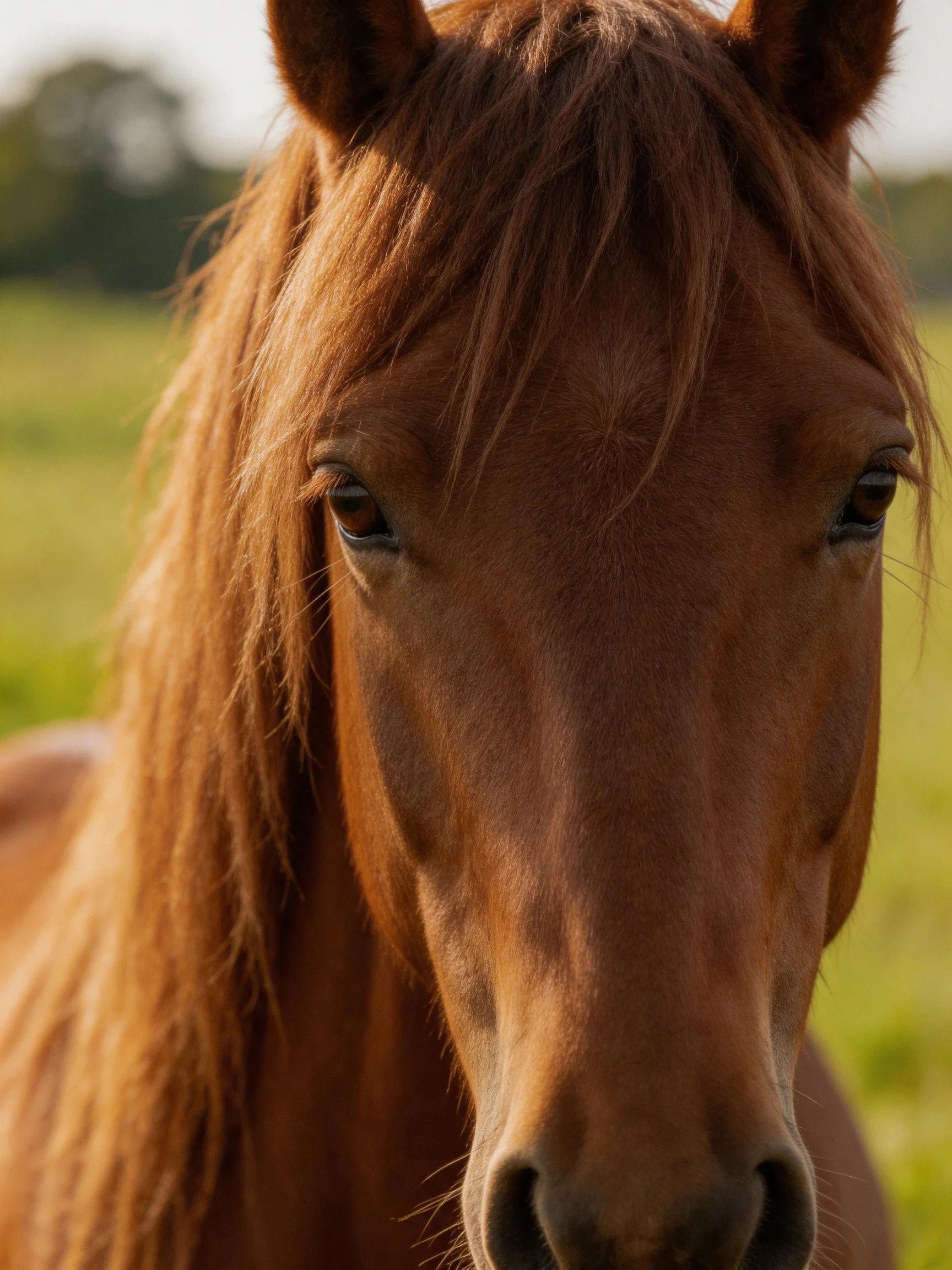 A close - up view of a chestnut horse with a flowing mane in a sunlit open area.