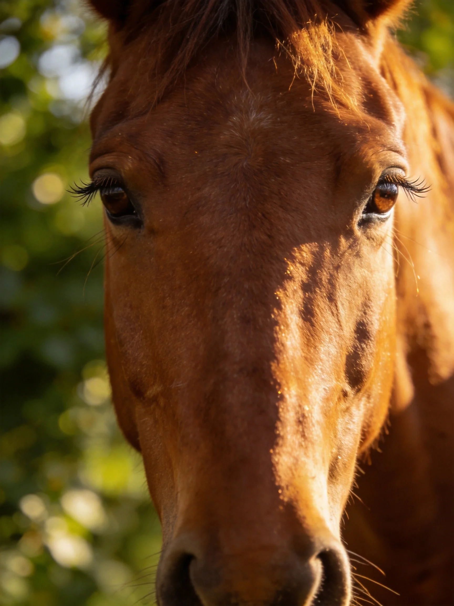 A close - up of a chestnut horse with golden sunlight and blurred green foliage