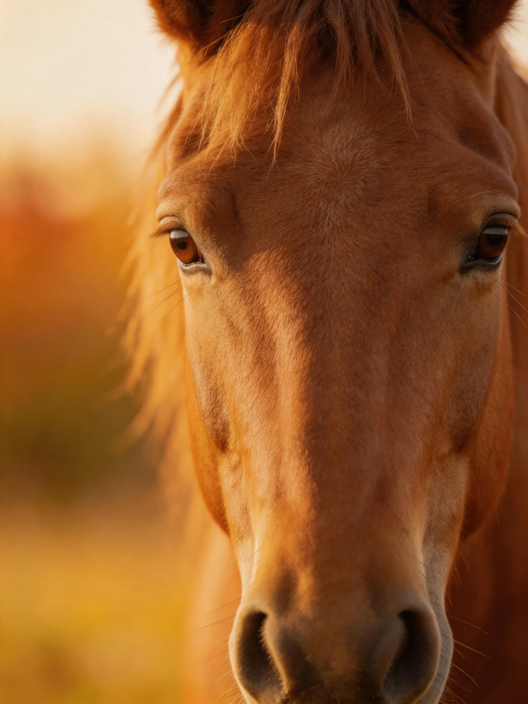 A close - up of a chestnut horse with golden sunlight
