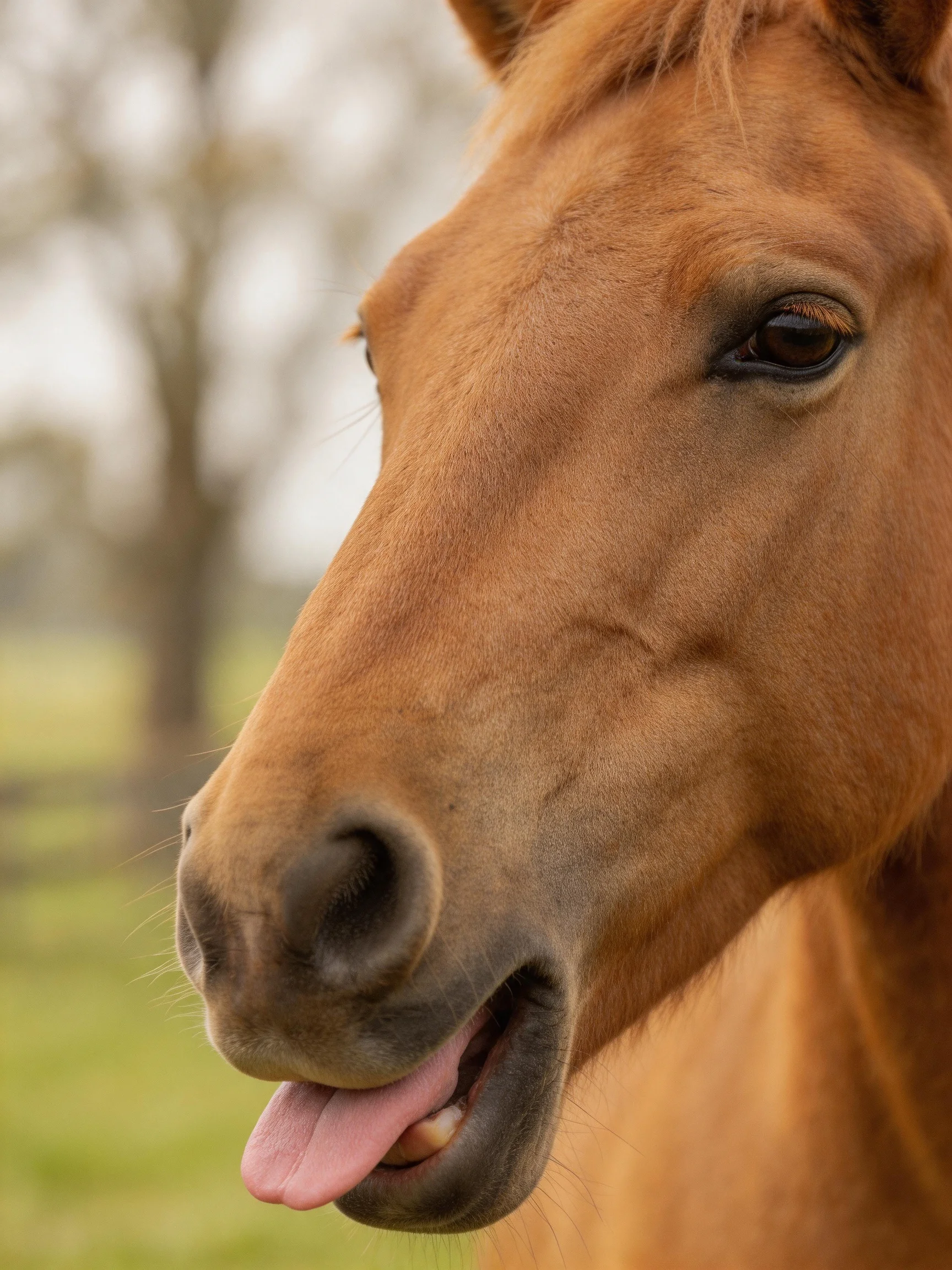 A close - up of a chestnut horse shows its open mouth within a blurred outdoor scene.