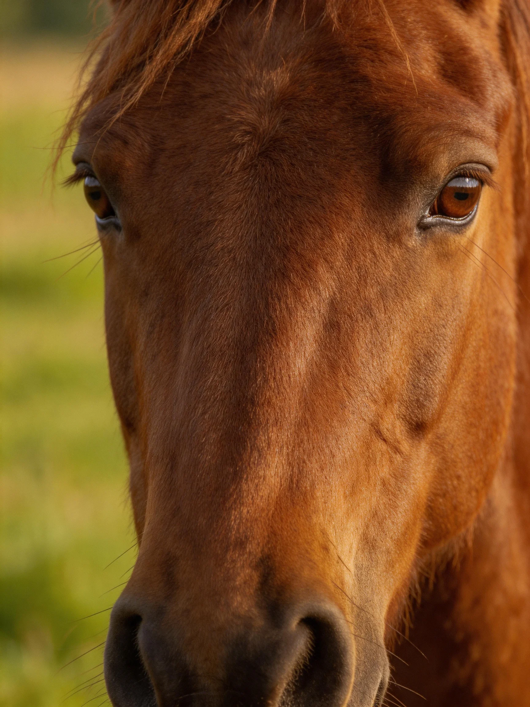 A close - up of a chestnut horse with soft focus greenery