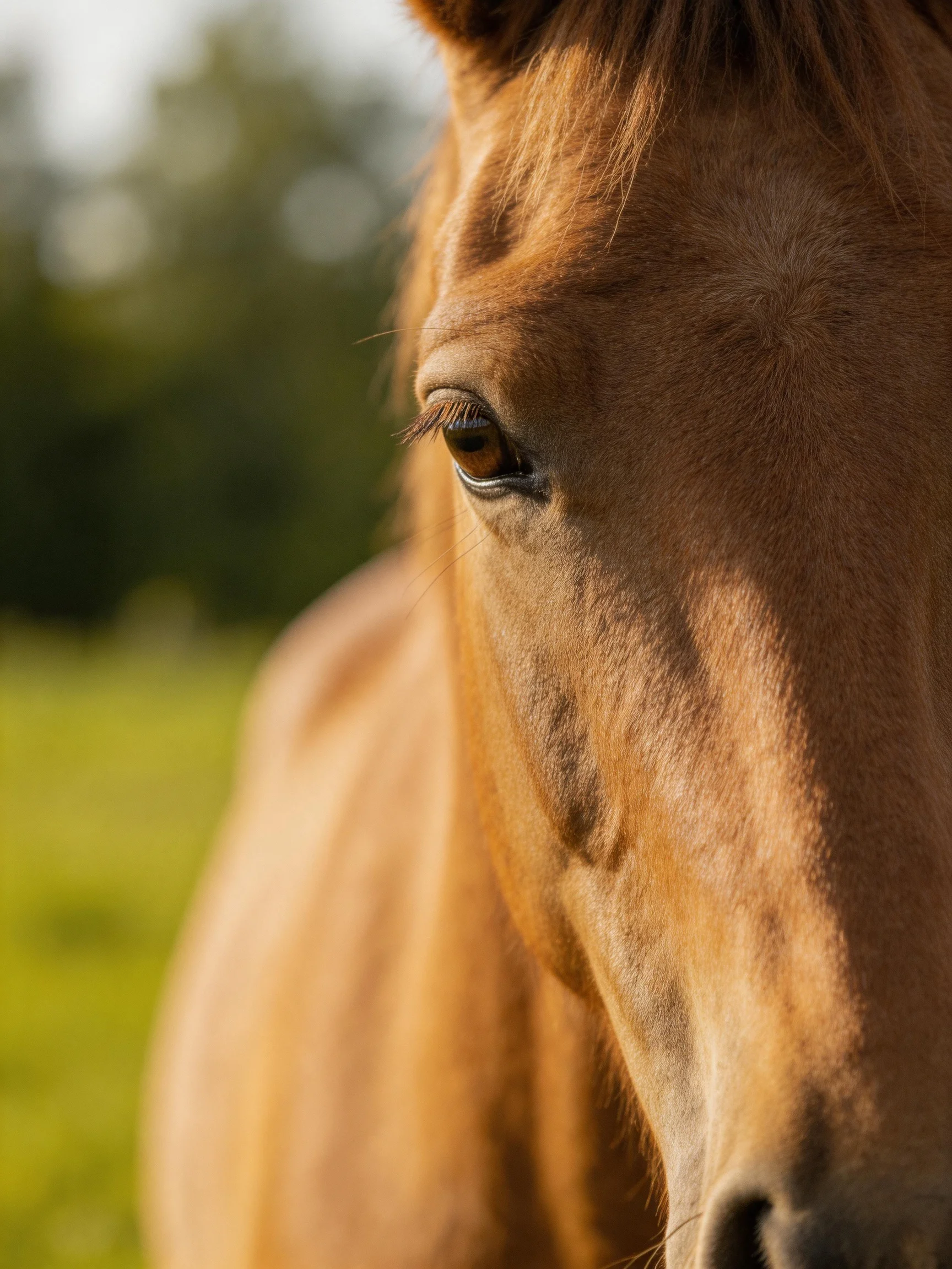 A close - up of a chestnut horse with warm sunlight