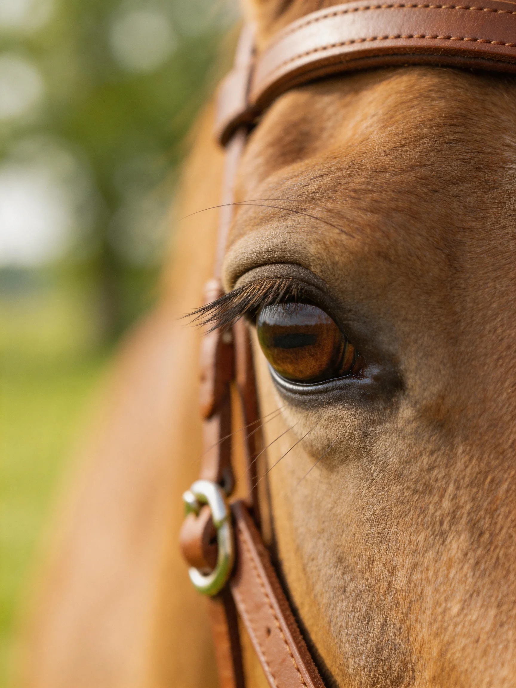 A close - up of a chestnut horse’s eye with a brown bridle