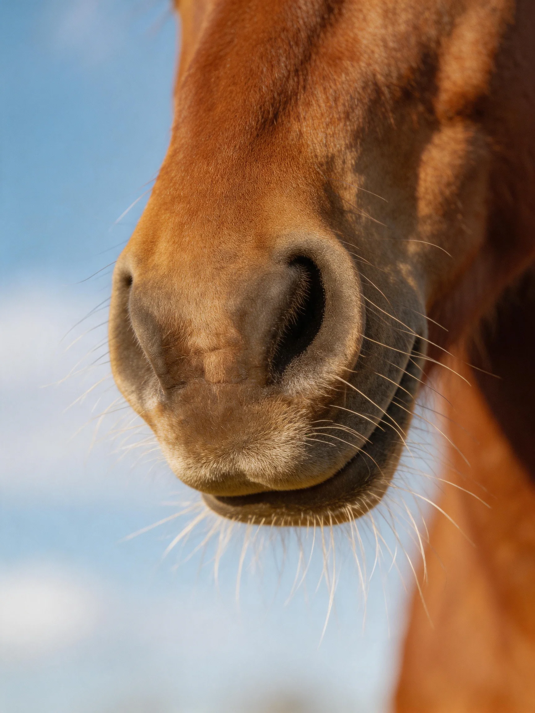 A close - up shows a chestnut horse’s nose with whiskers beside a blue sky.