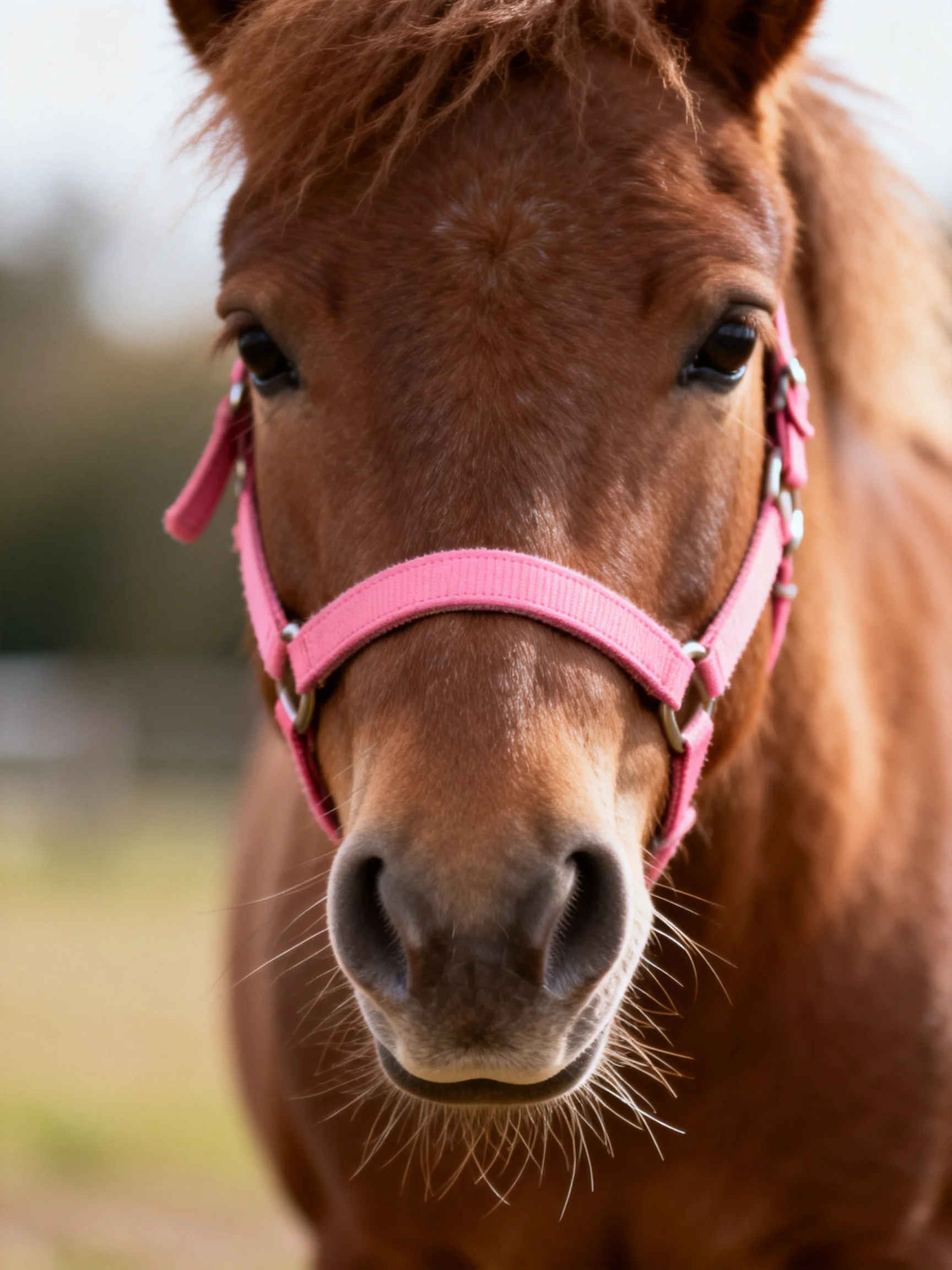 A close - up of a chestnut pony wearing a bright pink halter