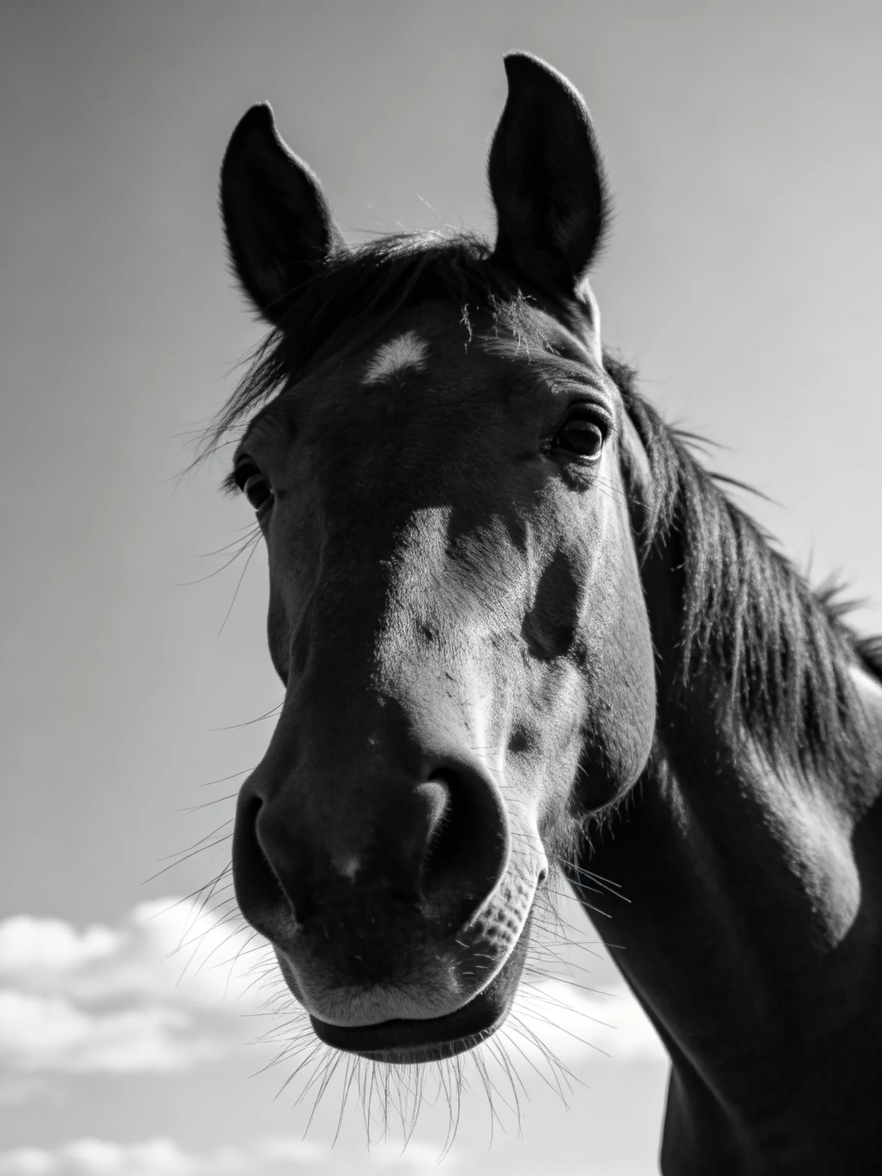 A close - up of a dark - coated horse with a cloudy sky backdrop
